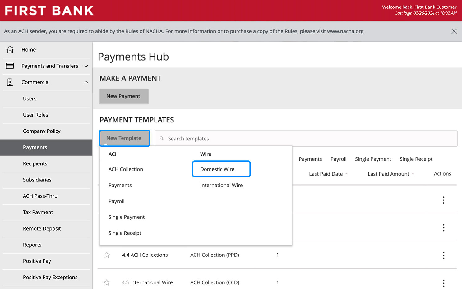 Online Banking screen showing the payment template options dropdown.