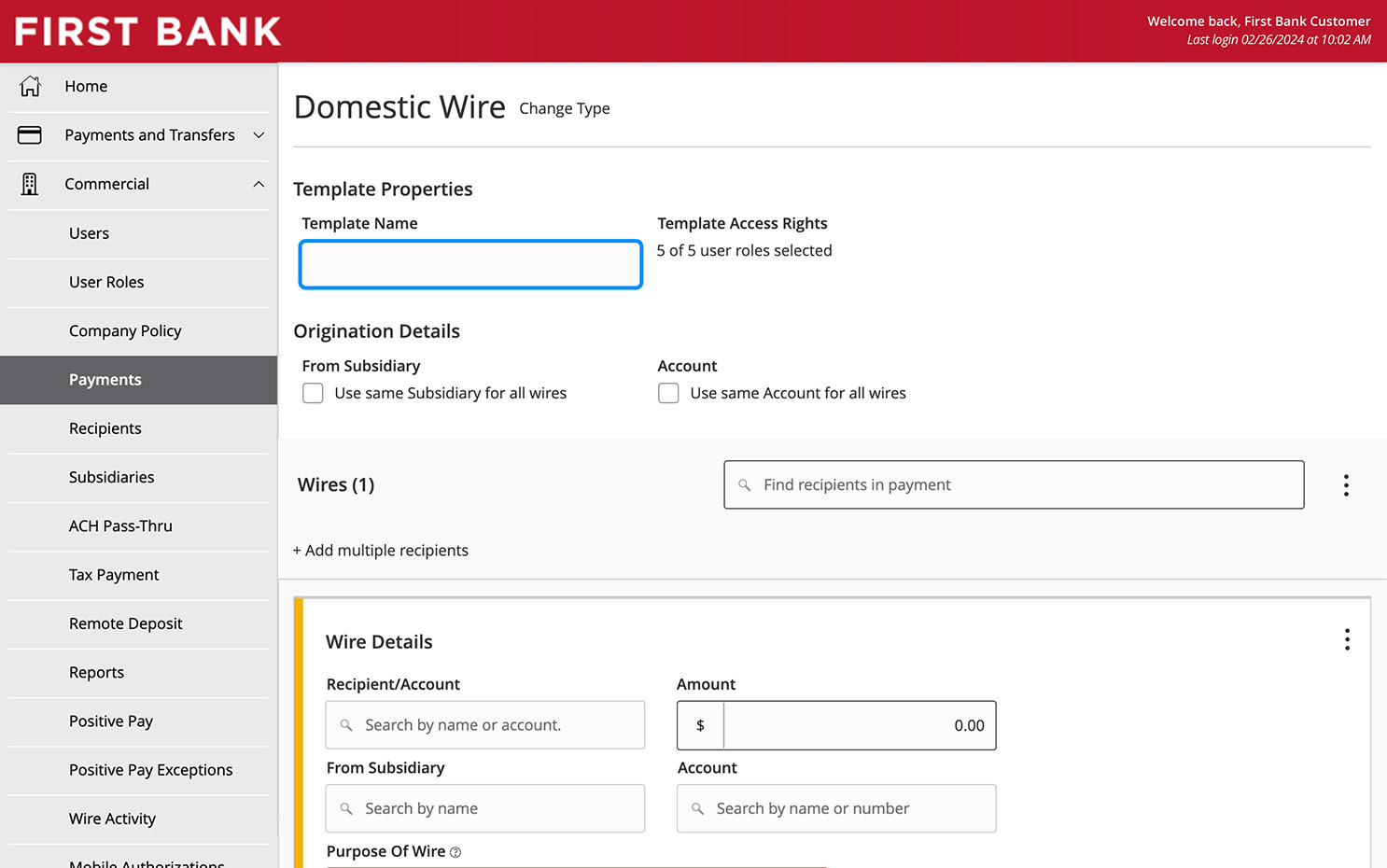 Online Banking screen highlighting the Template Name field.