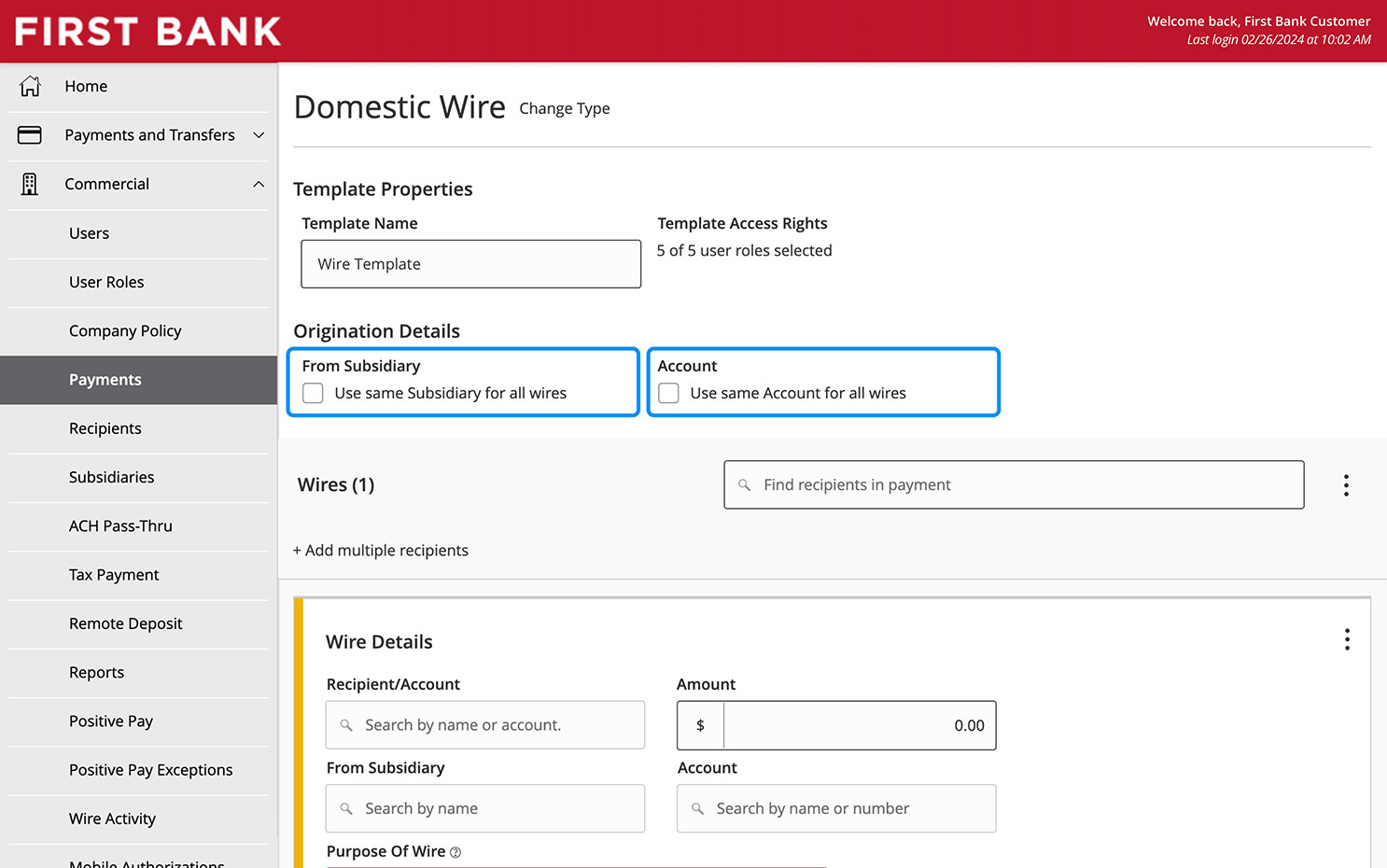 Online Banking screen highlighting the Origination Details fields.