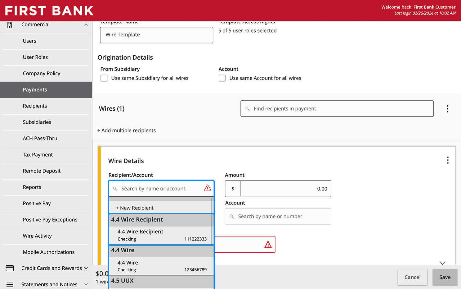 Online Banking screen showing the Recipient/Account dropdown and search field.