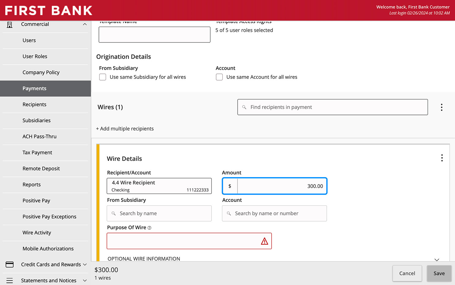 Online Banking screen highlighting the Amount field.