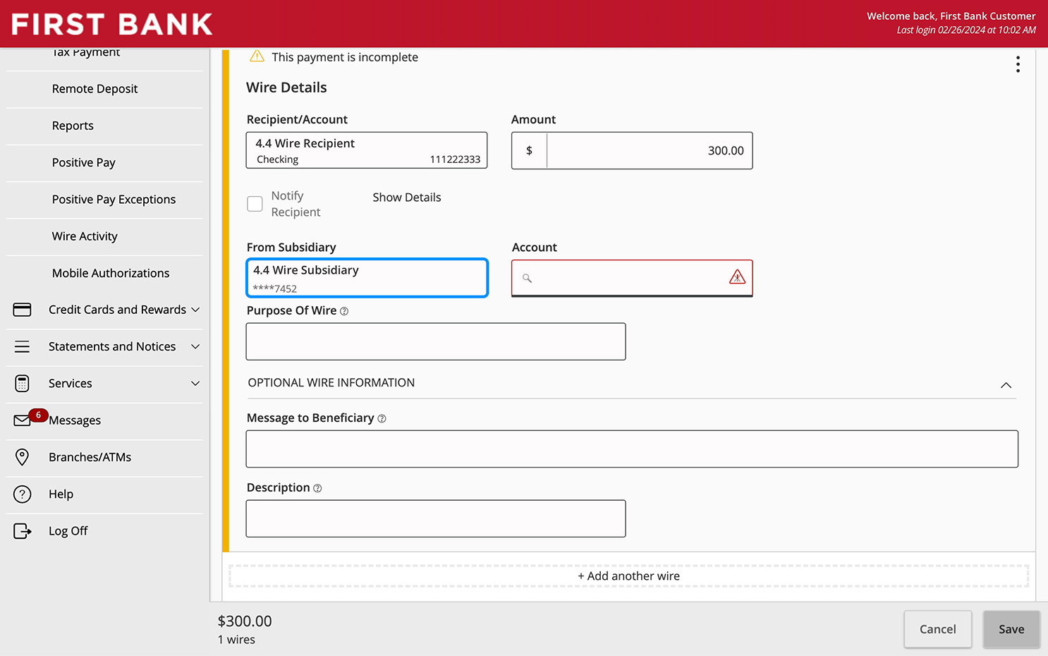 Online Banking screen highlighting the From Subsidiary field.