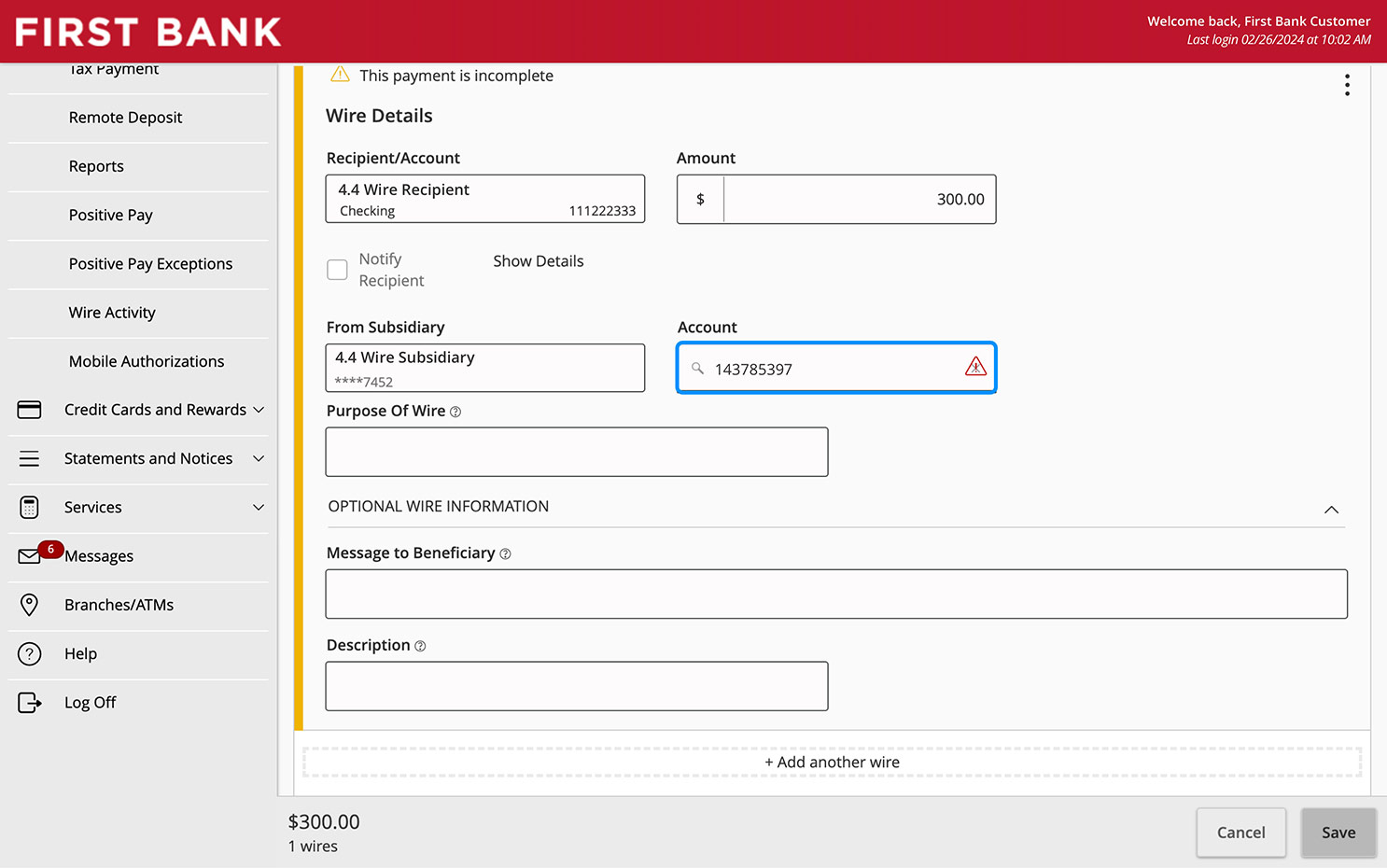 Online Banking screen highlighting the Account field.