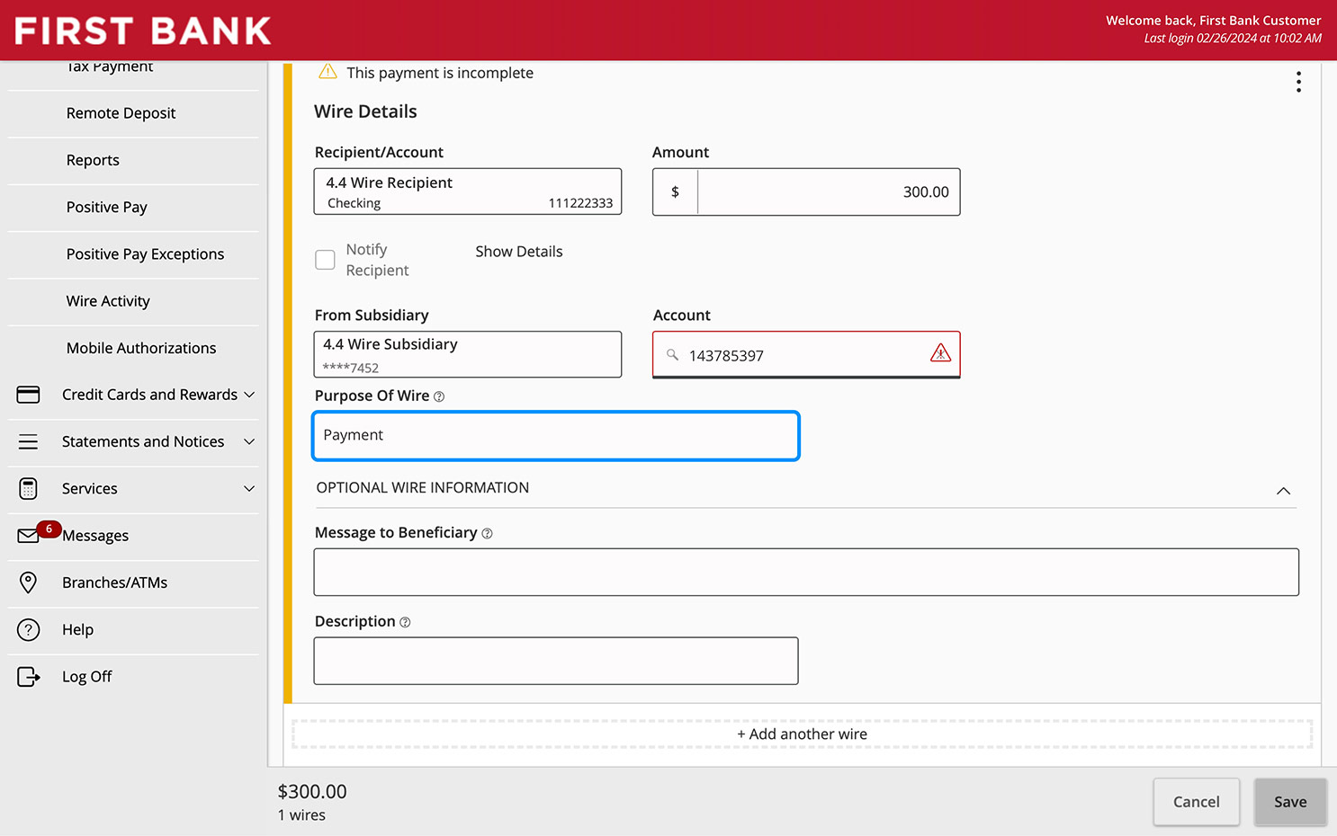 Online Banking screen highlighting the Purpose of Wire field.