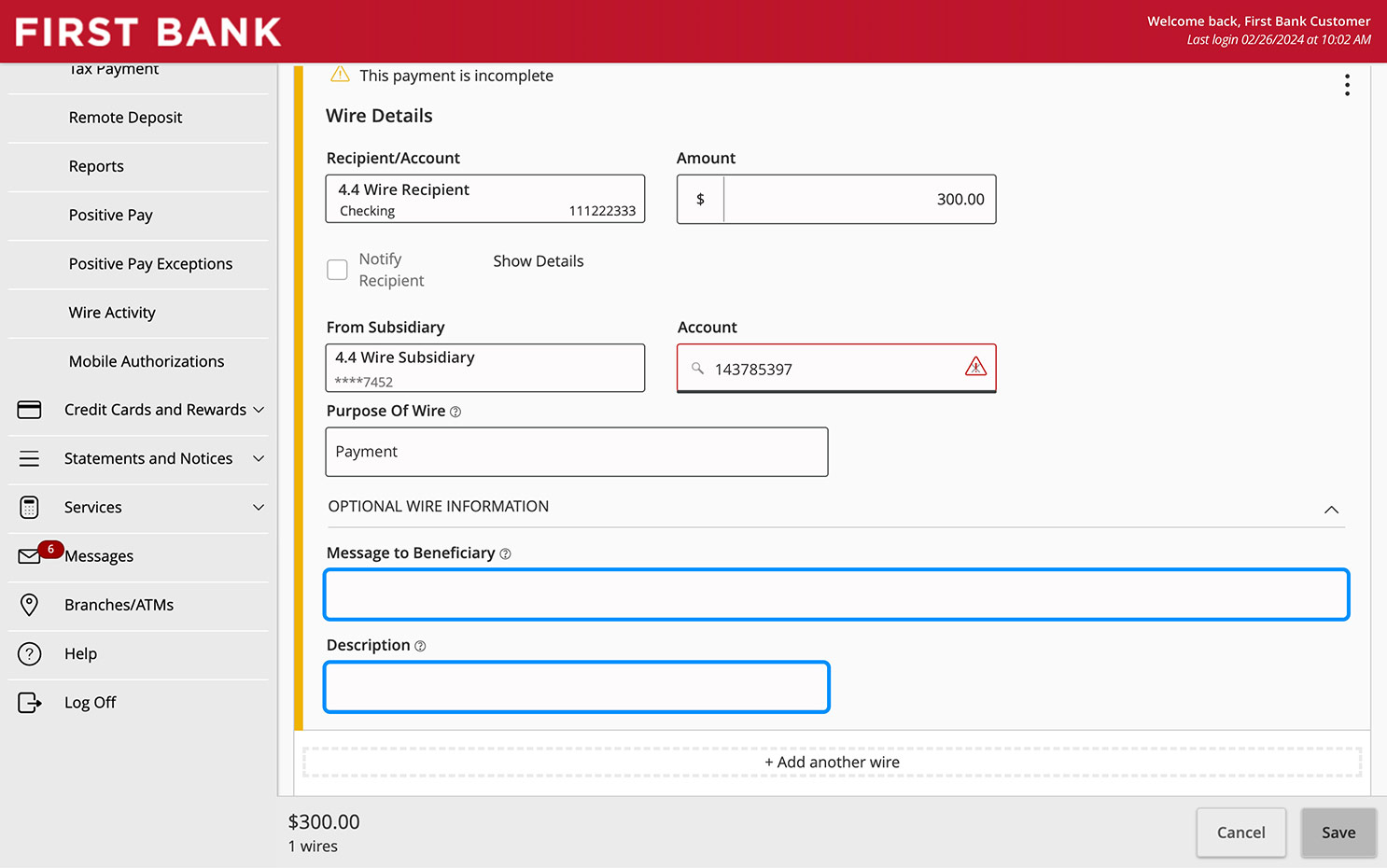 Online Banking screen highlighting the Optional Wire Information fields.