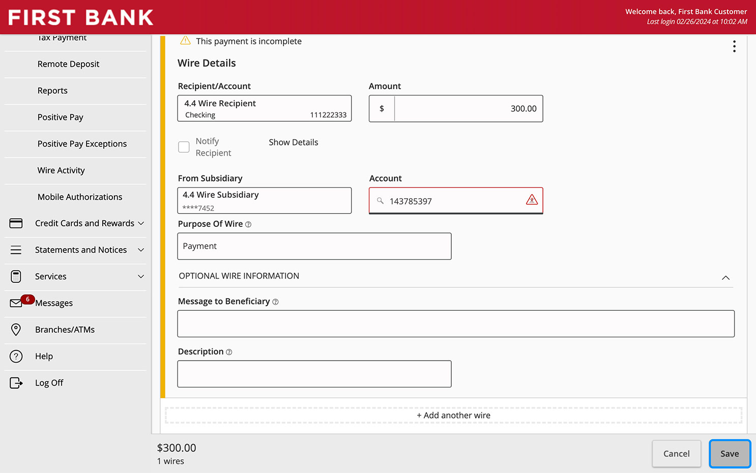 Online Banking screen highlighting the Save button.