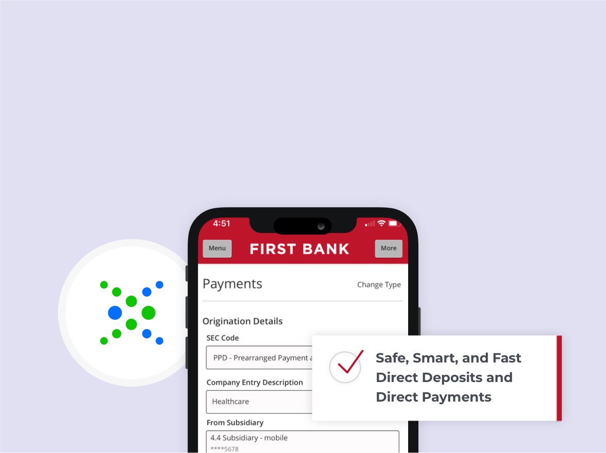 Smartphone with First Bank's online banking app opened.