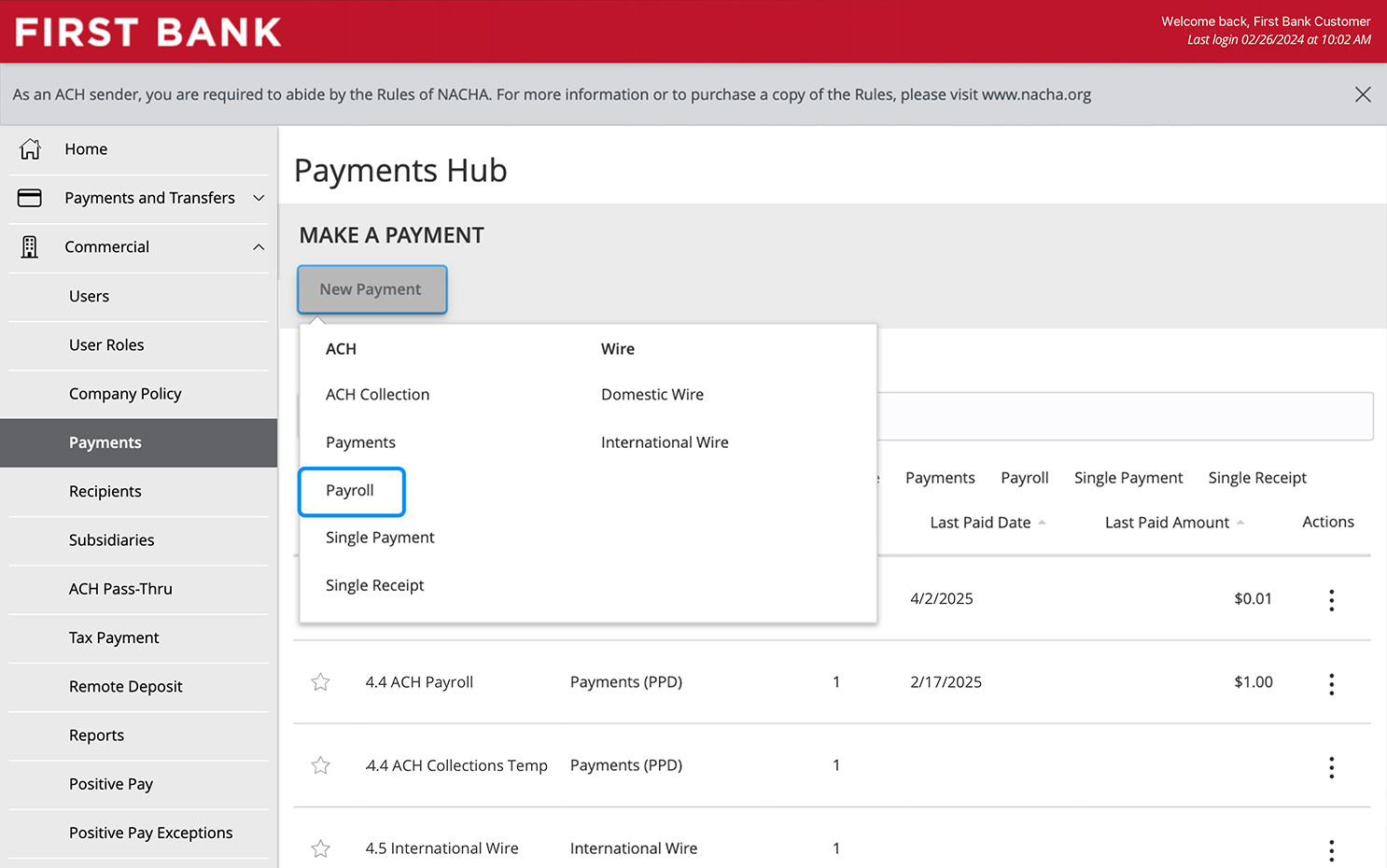 First Bank online banking screen showing the New Payment dropdown and highlighting the Payroll option.