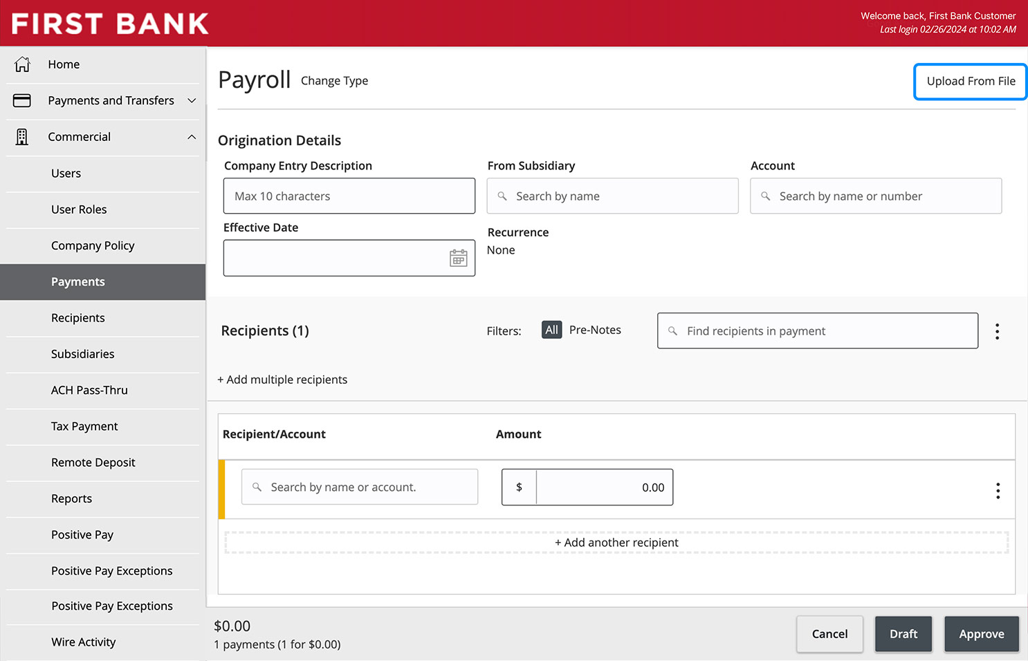 First Bank online banking screen highlighting the Upload From File option.