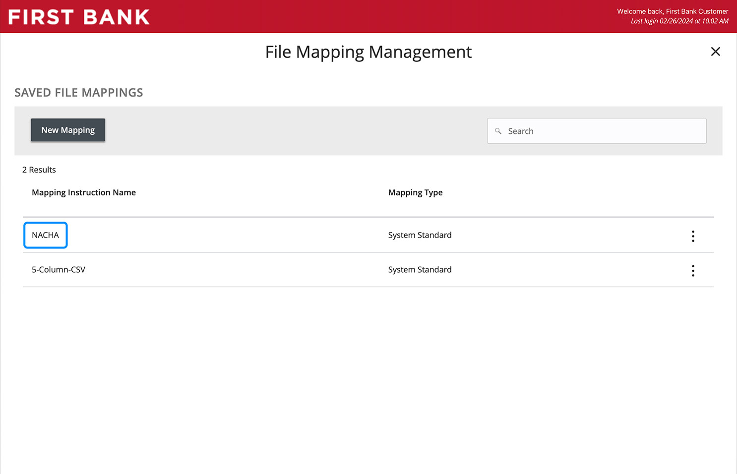 First Bank online banking screen showing the File Mapping Management and highlighting the NACHA option.