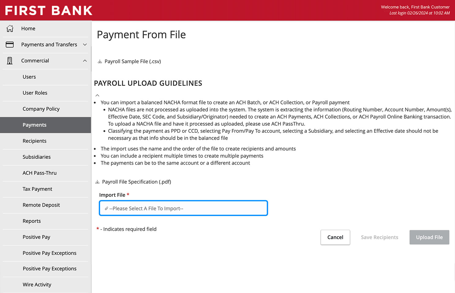 First Bank online banking screen showing the Payment From File screen and highlighting the Import File area.