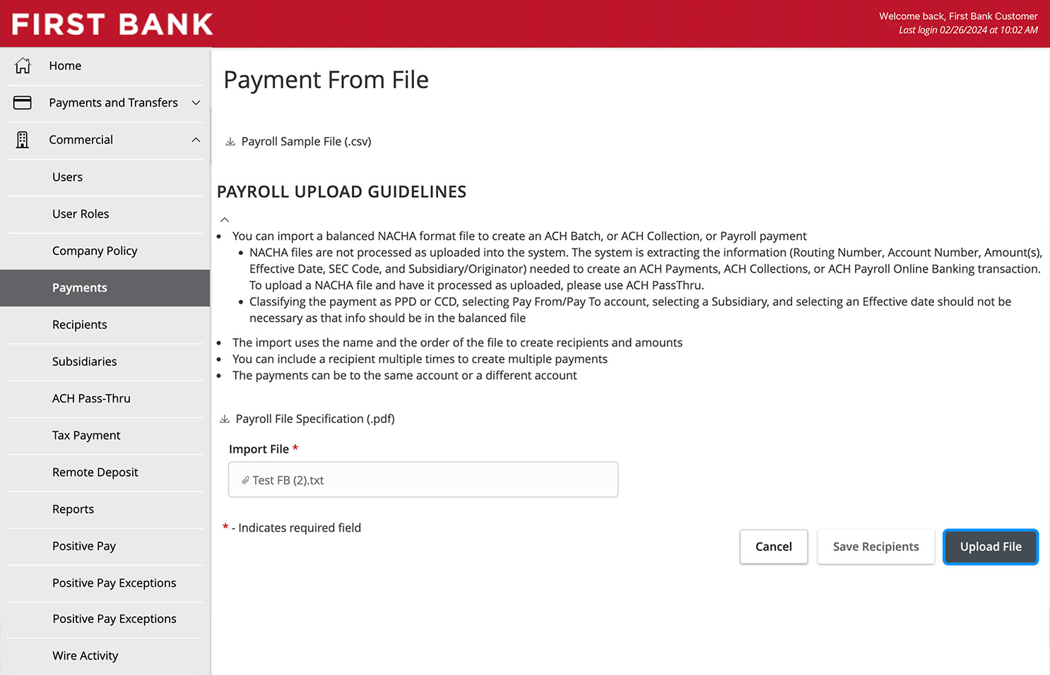 First Bank online banking screen showing the Payment From File screen and highlighting the Upload File button.