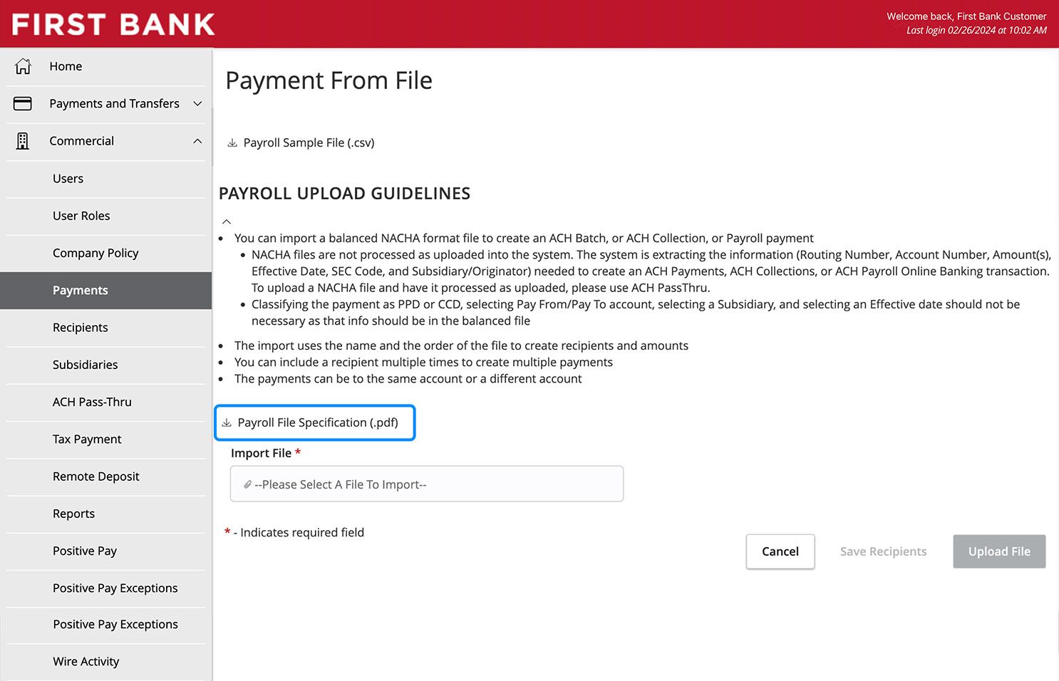 First Bank online banking screen showing the Payroll File Specification link.