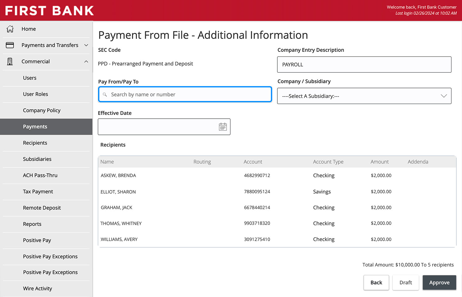 First Bank online banking screen showing the Payment From File Additional Information screen and highlighting the Pay From / Pay To area.