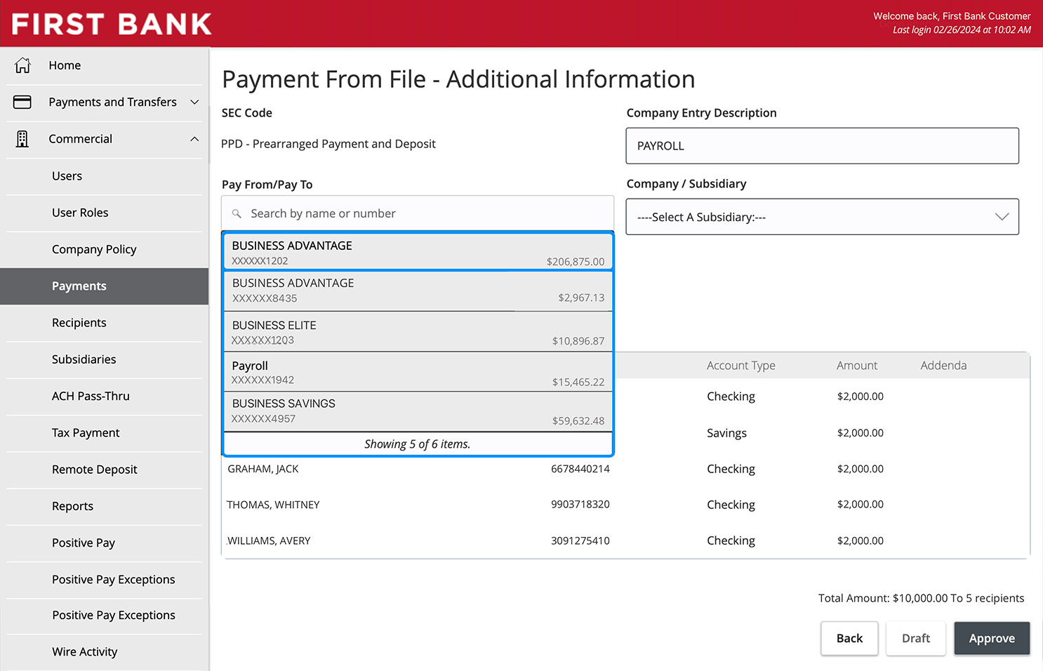 First Bank online banking screen showing the Payment From File Additional Information screen and showing the Pay From / Pay To selector dropdown.