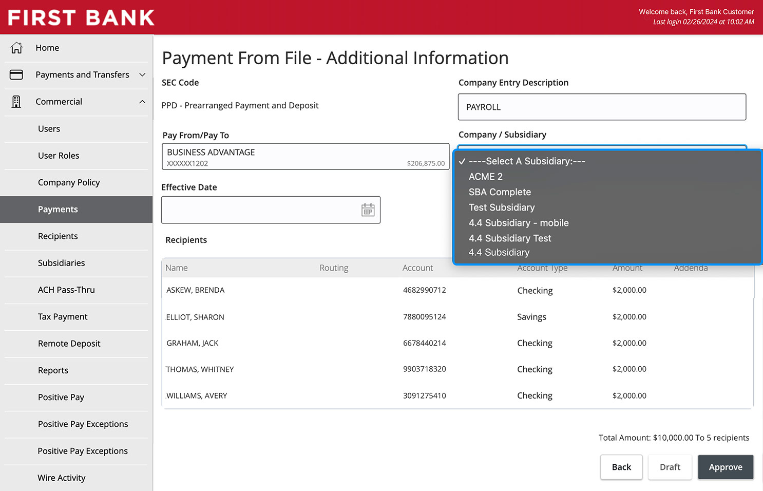 First Bank online banking screen showing the Payment From File Additional Information screen and showing the Company Subsidiary selector dropdown.