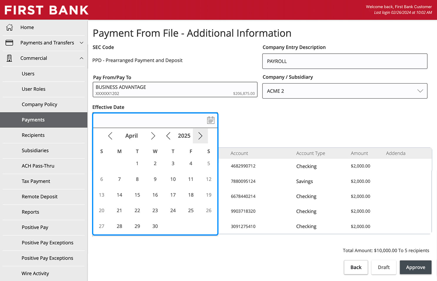 First Bank online banking screen showing the Payment From File Additional Information screen and showing the Effective Date picker.