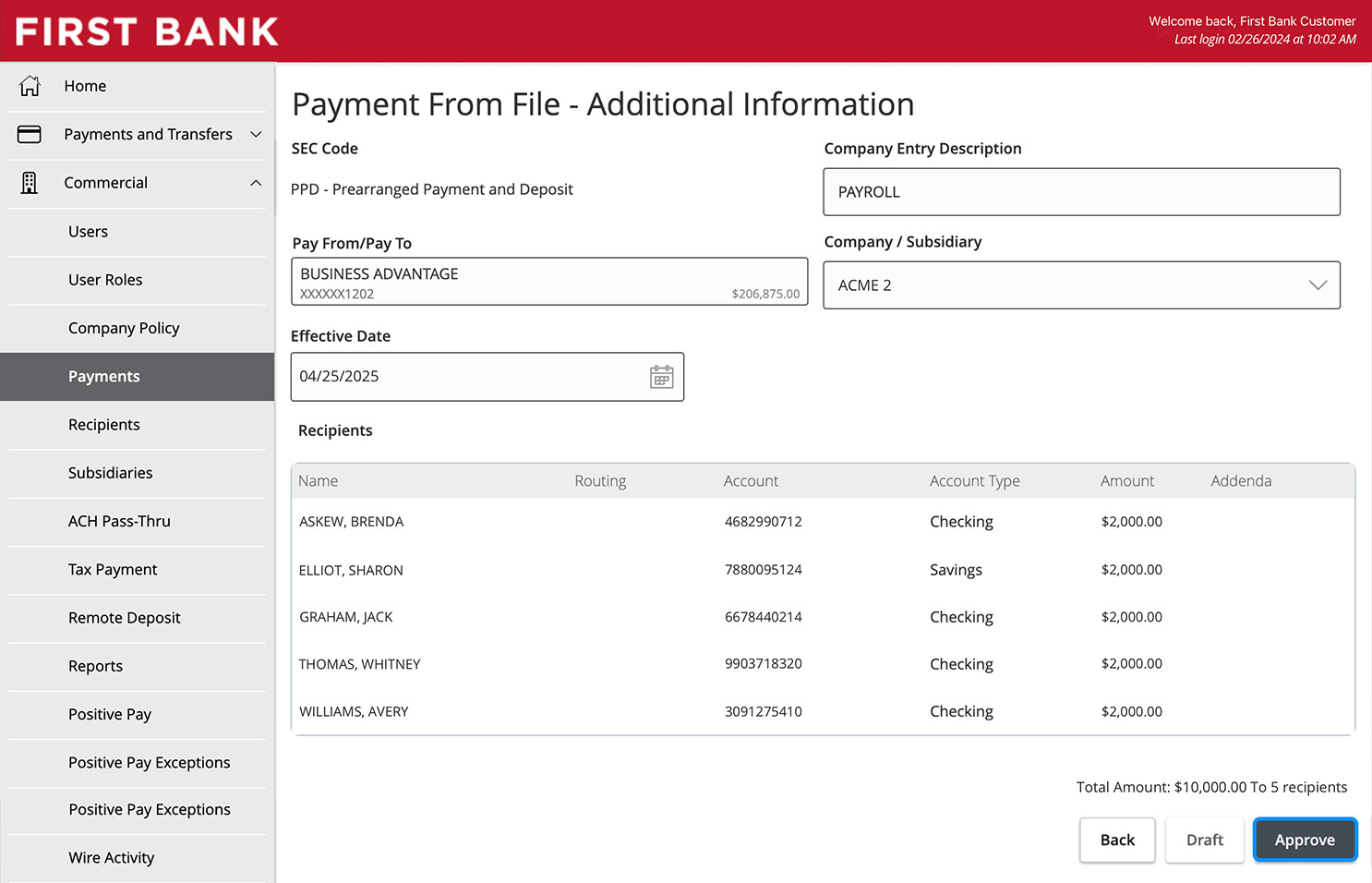 First Bank online banking screen showing the Payment From File Additional Information screen and highlighting the Approve button.