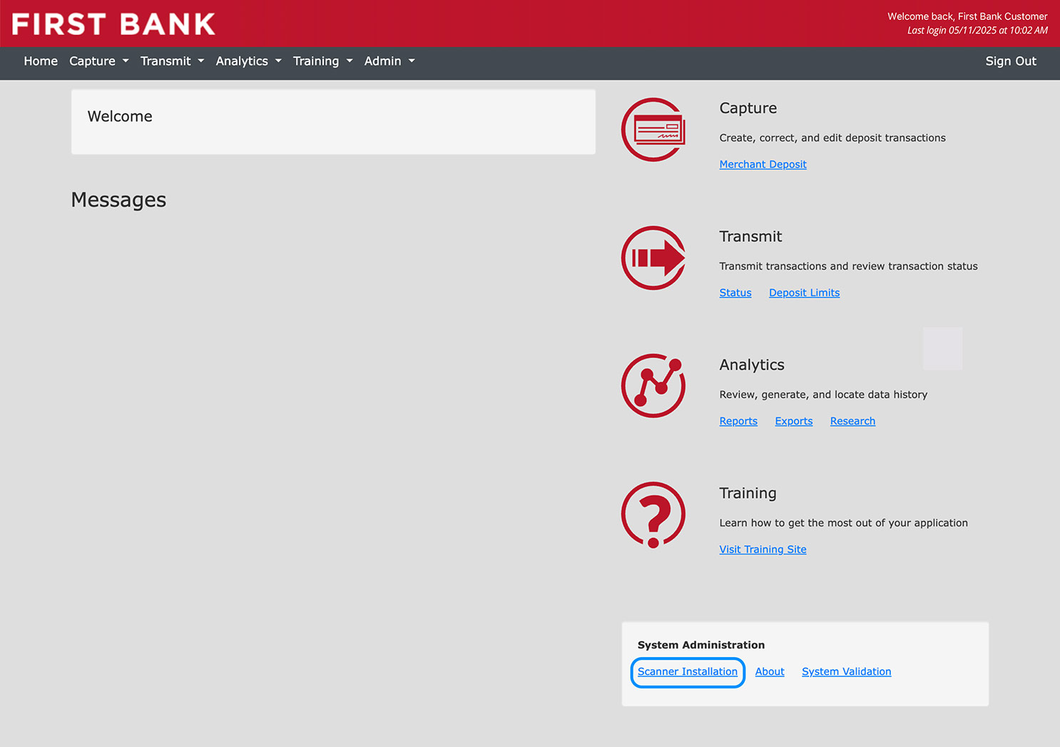 First Bank online banking screen highlighting the Scanner Installation link.