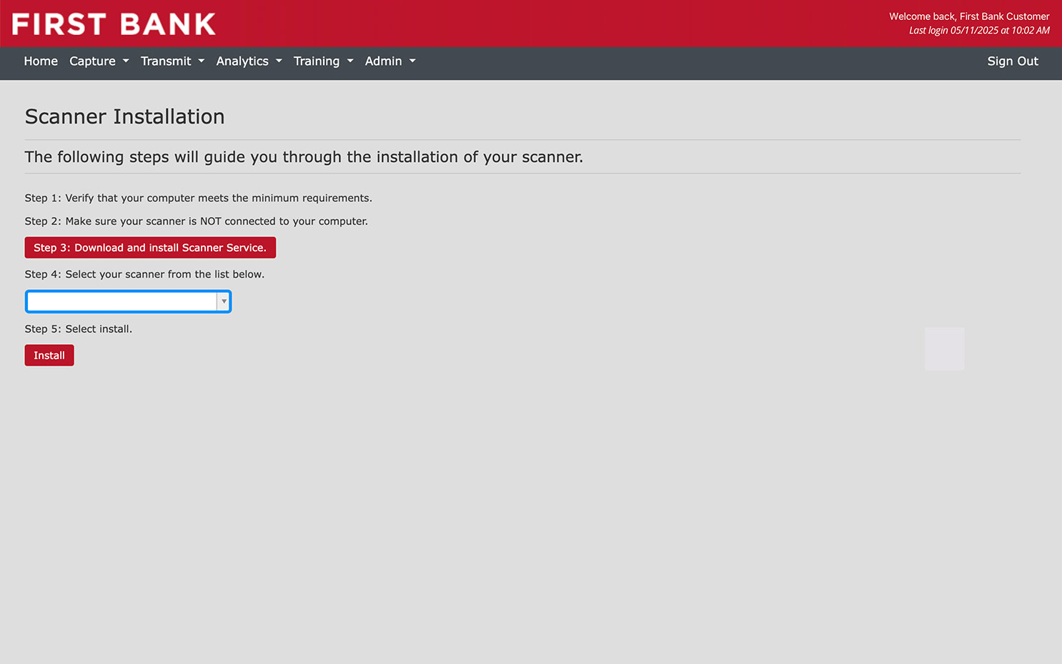 First Bank online banking screen highlighting the Scanner selection dropdown field.