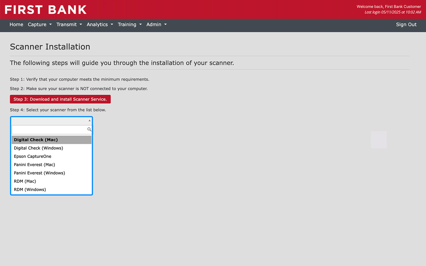 First Bank online banking screen showing the scanner selection dropdown expanded.