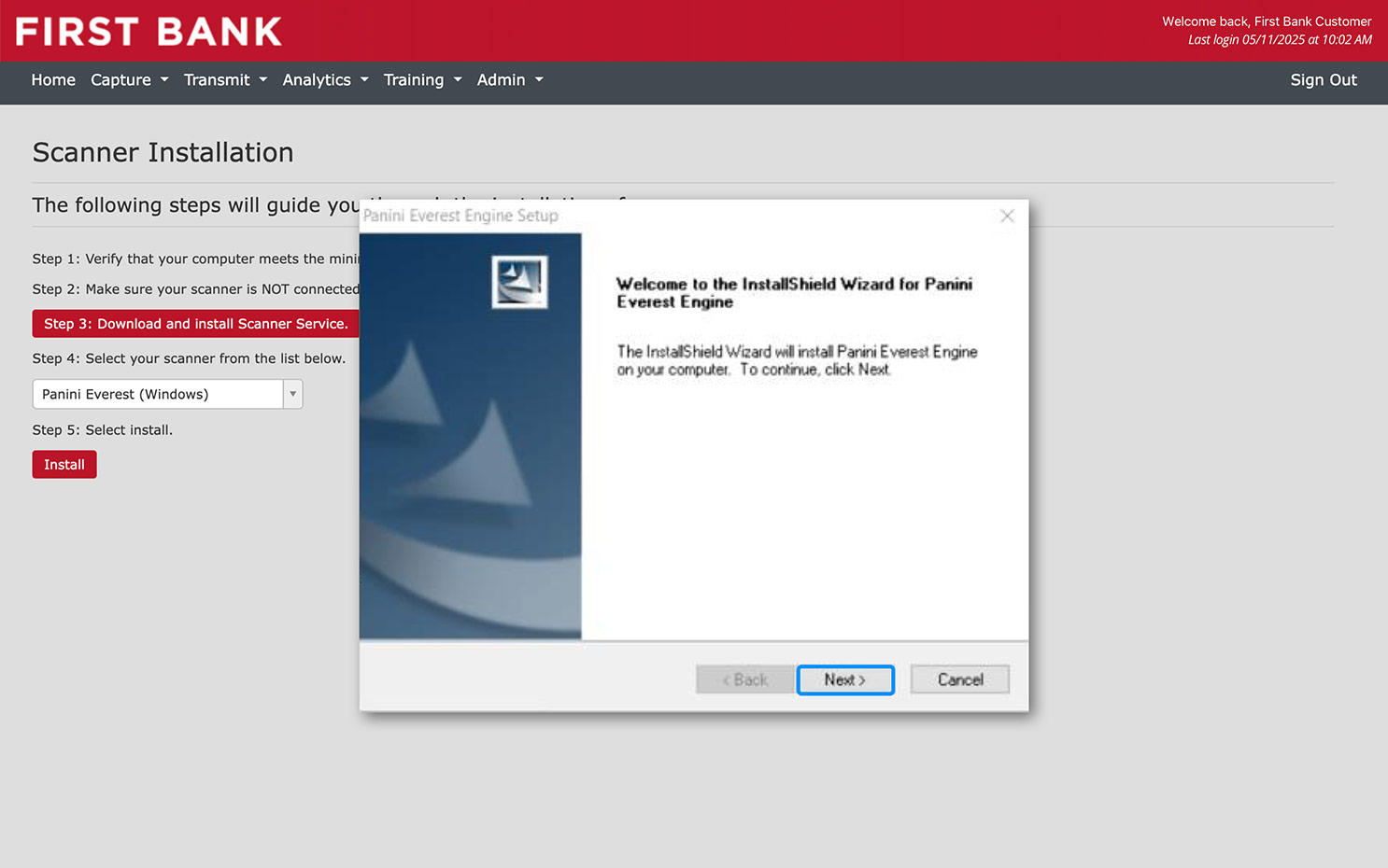 First Bank online banking screen showing the scanner install wizard and highlighting the Next button.
