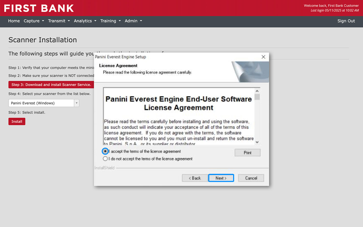 First Bank online banking screen showing the scanner install wizard agreement and highlighting the accept ratio button and next button.