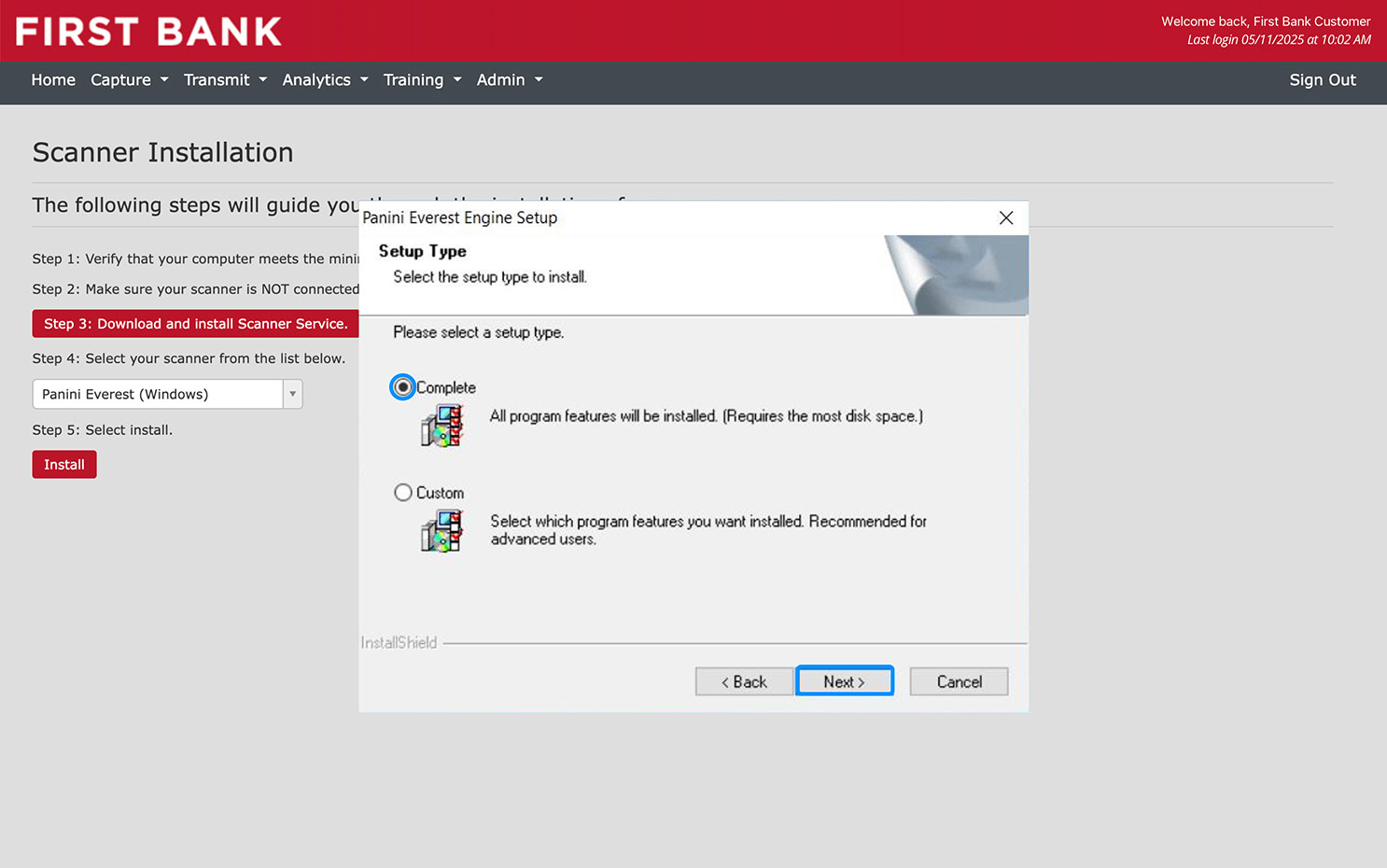 First Bank online banking screen showing the scanner install wizard and highlighting the Complete radio button and Next button.