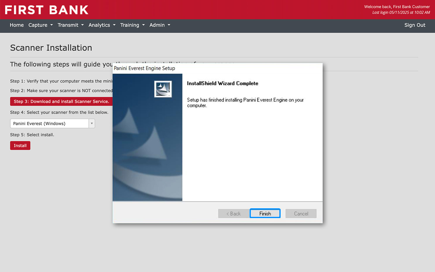 First Bank online banking screen showing the scanner install wizard and highlighting the Finish button.