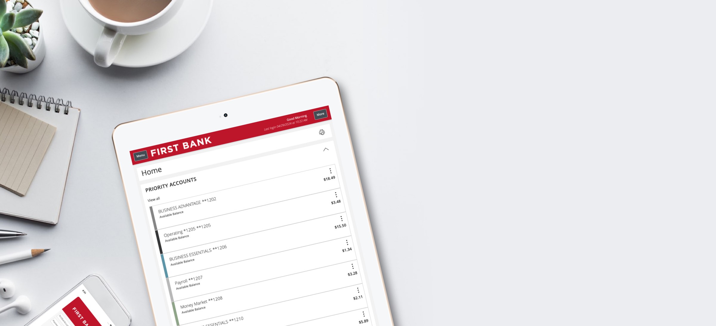 Tablet showing First Bank digital banking screens.