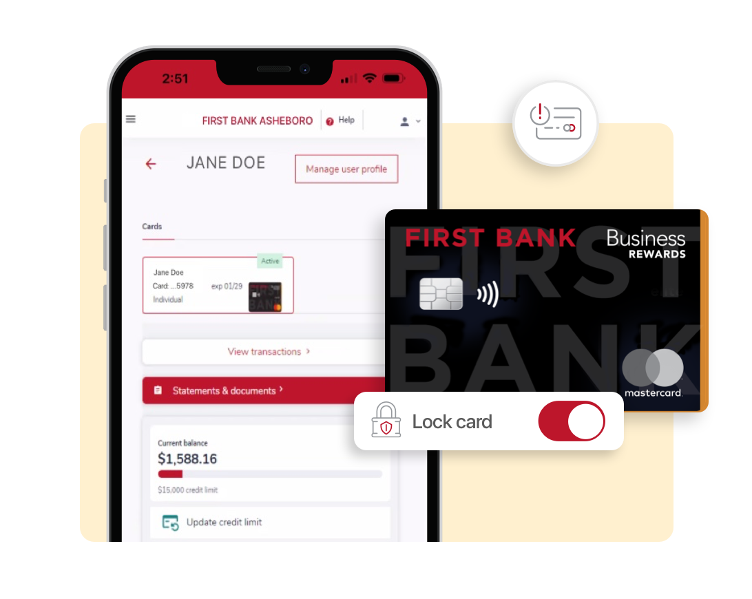 A phone, First Bank business credit card and a popup showing you can lock your card with the mobile app