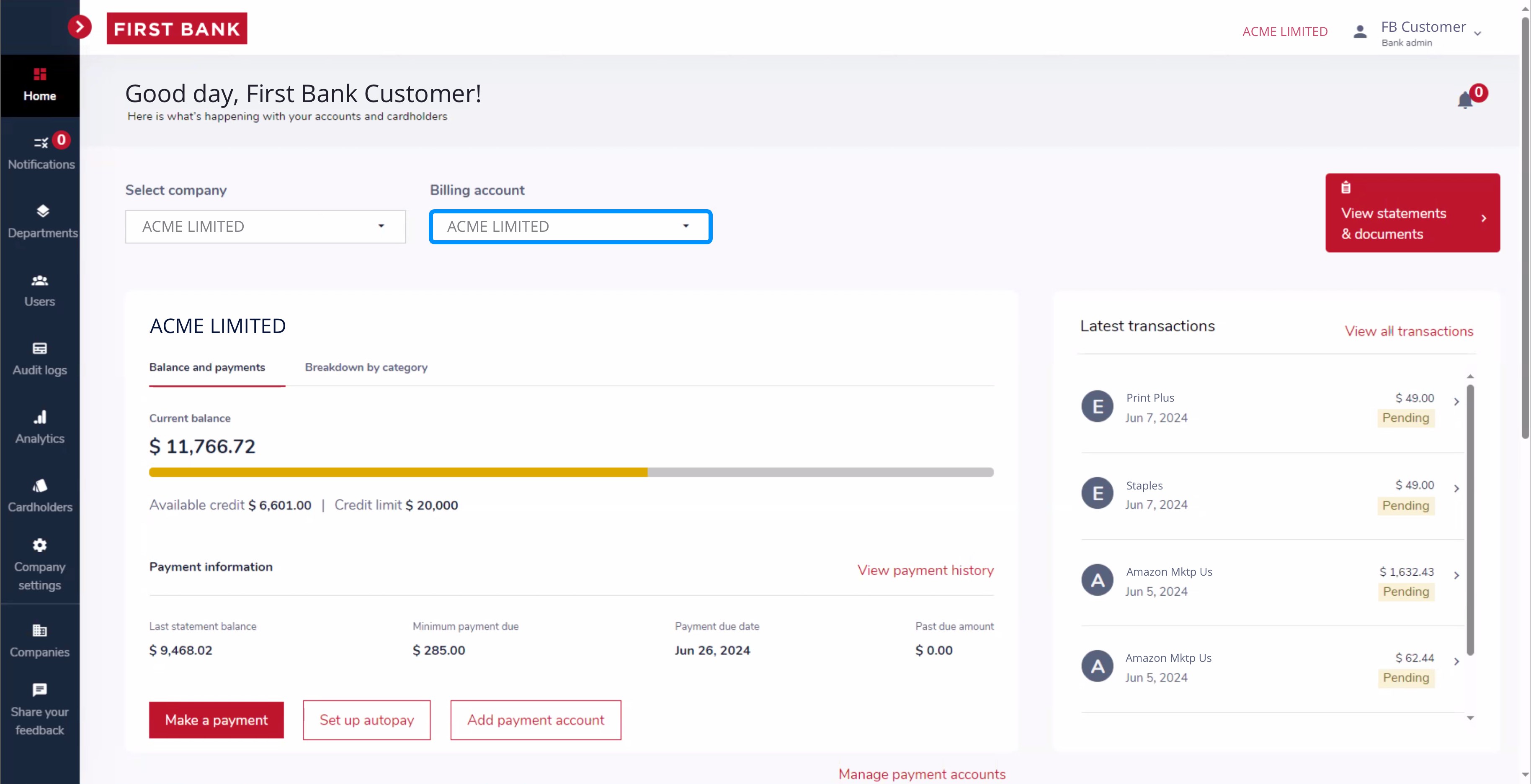 First Bank SpendTrack screen highlighting billing account dropdown.