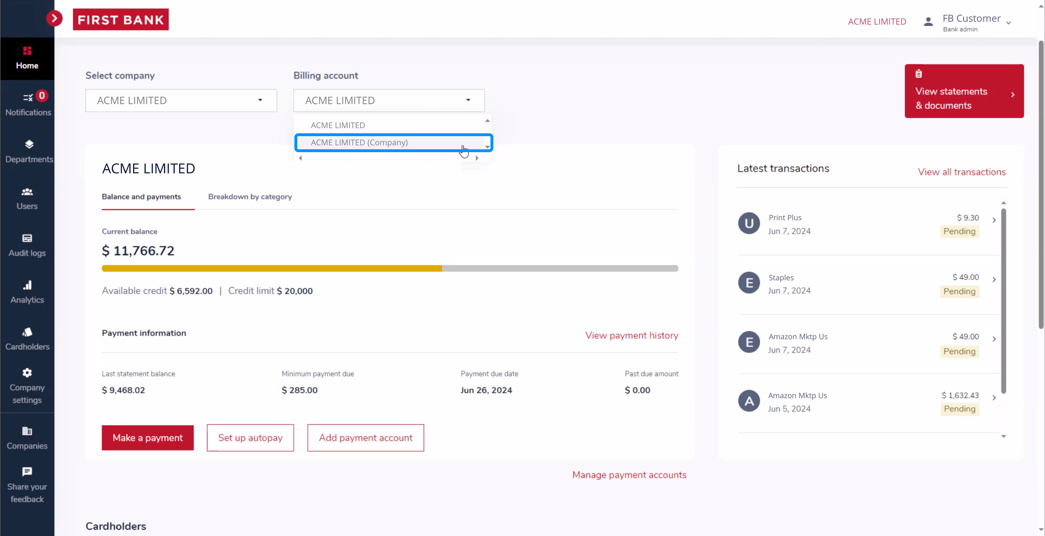 First Bank SpendTrack screen highlighting the company selection dropdown.