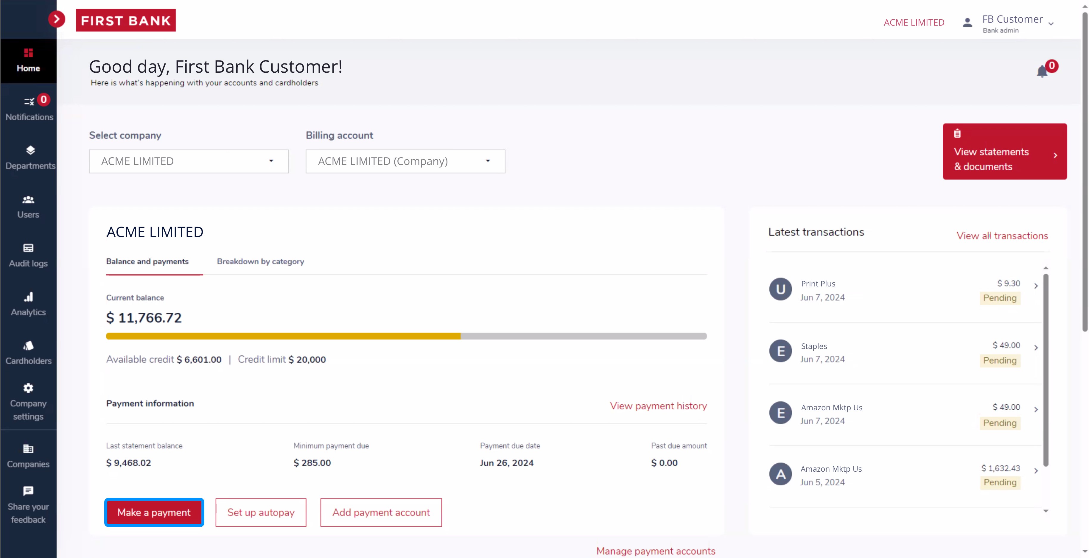 First Bank SpendTrack screen highlighting the 