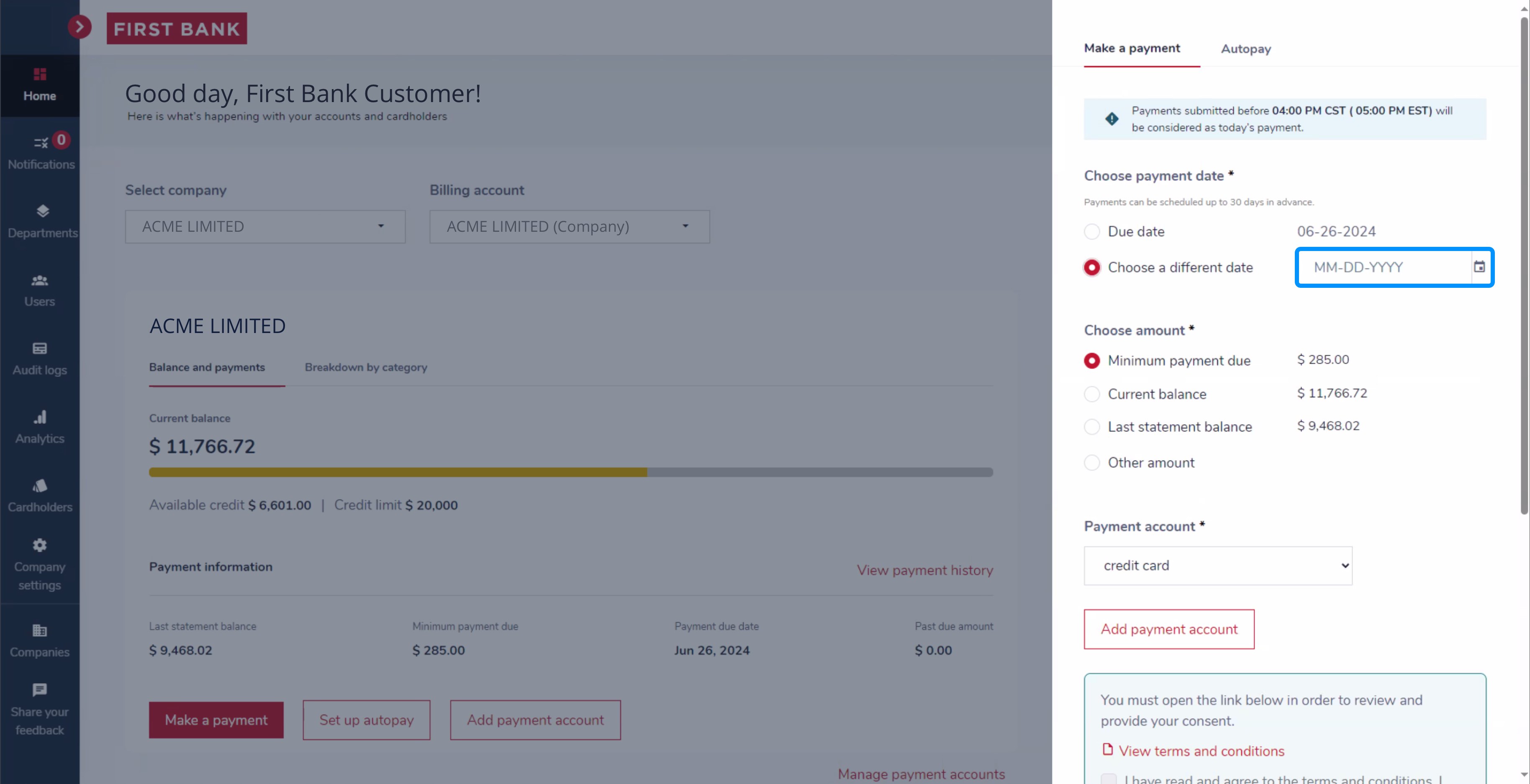 First Bank SpendTrack screen showing where to set a custom date.