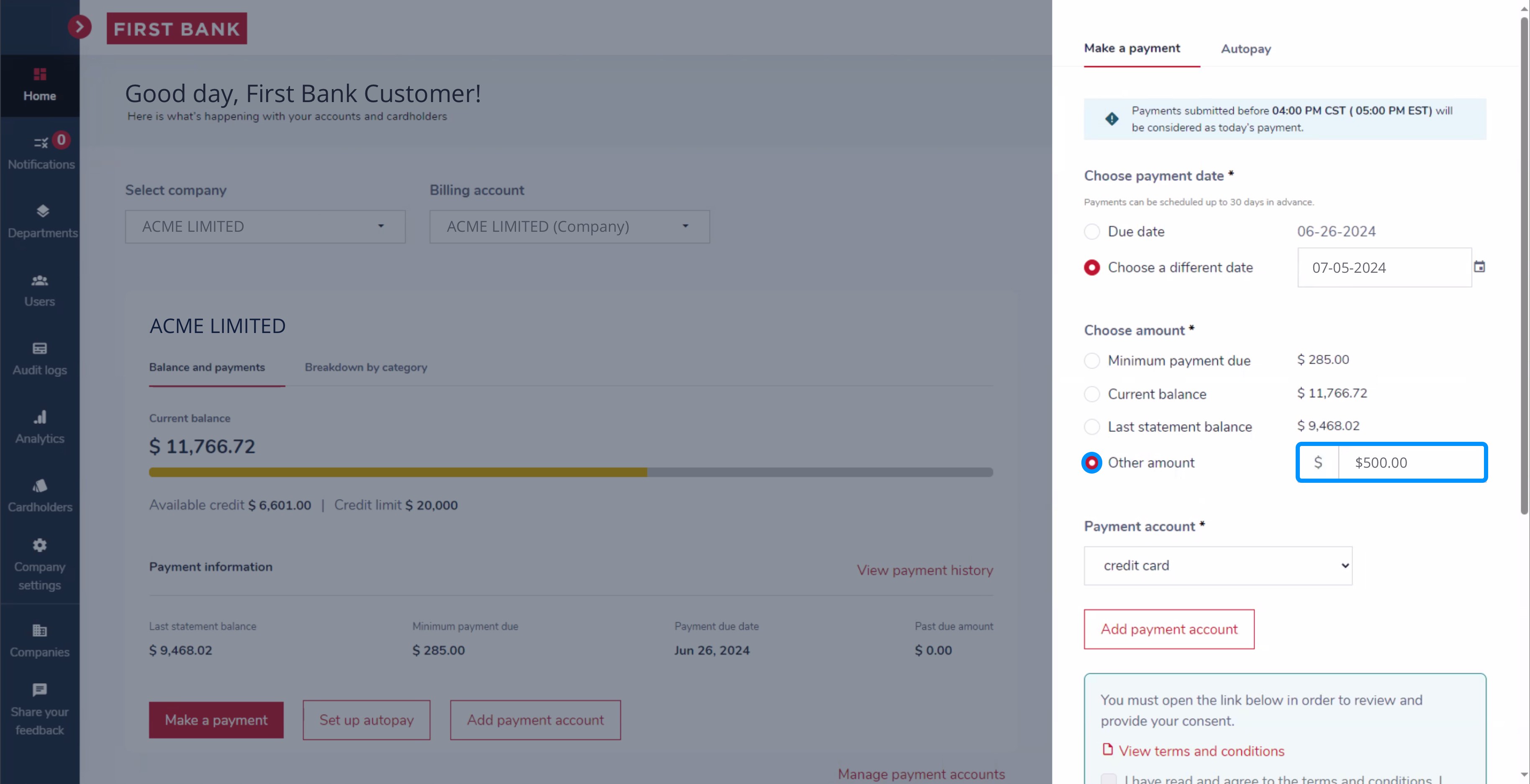 First Bank SpendTrack screen highlighting the amount field and Add Payment Account button.