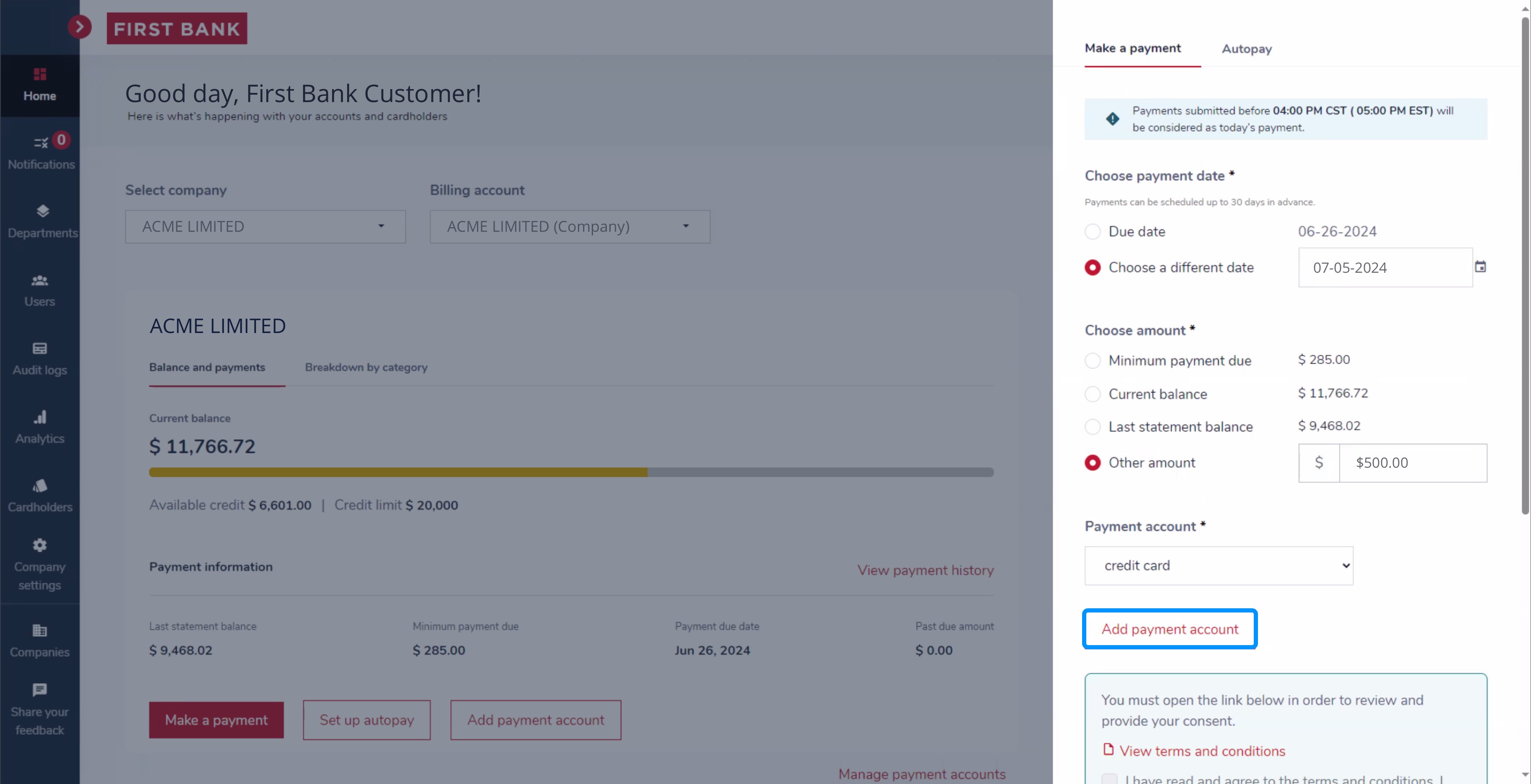 First Bank SpendTrack screen highlighting the 