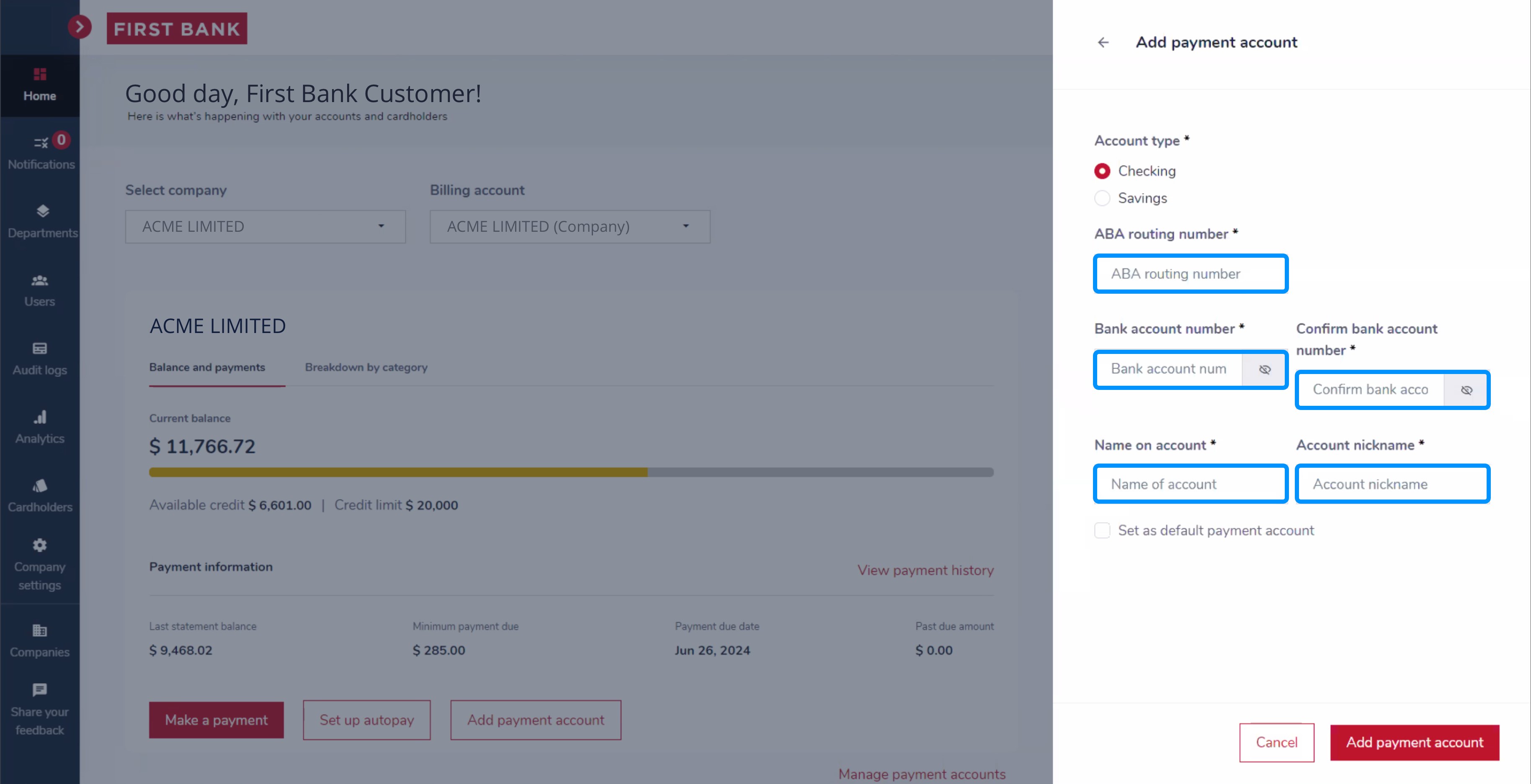 First Bank SpendTrack screen highlighting the bank account input fields.