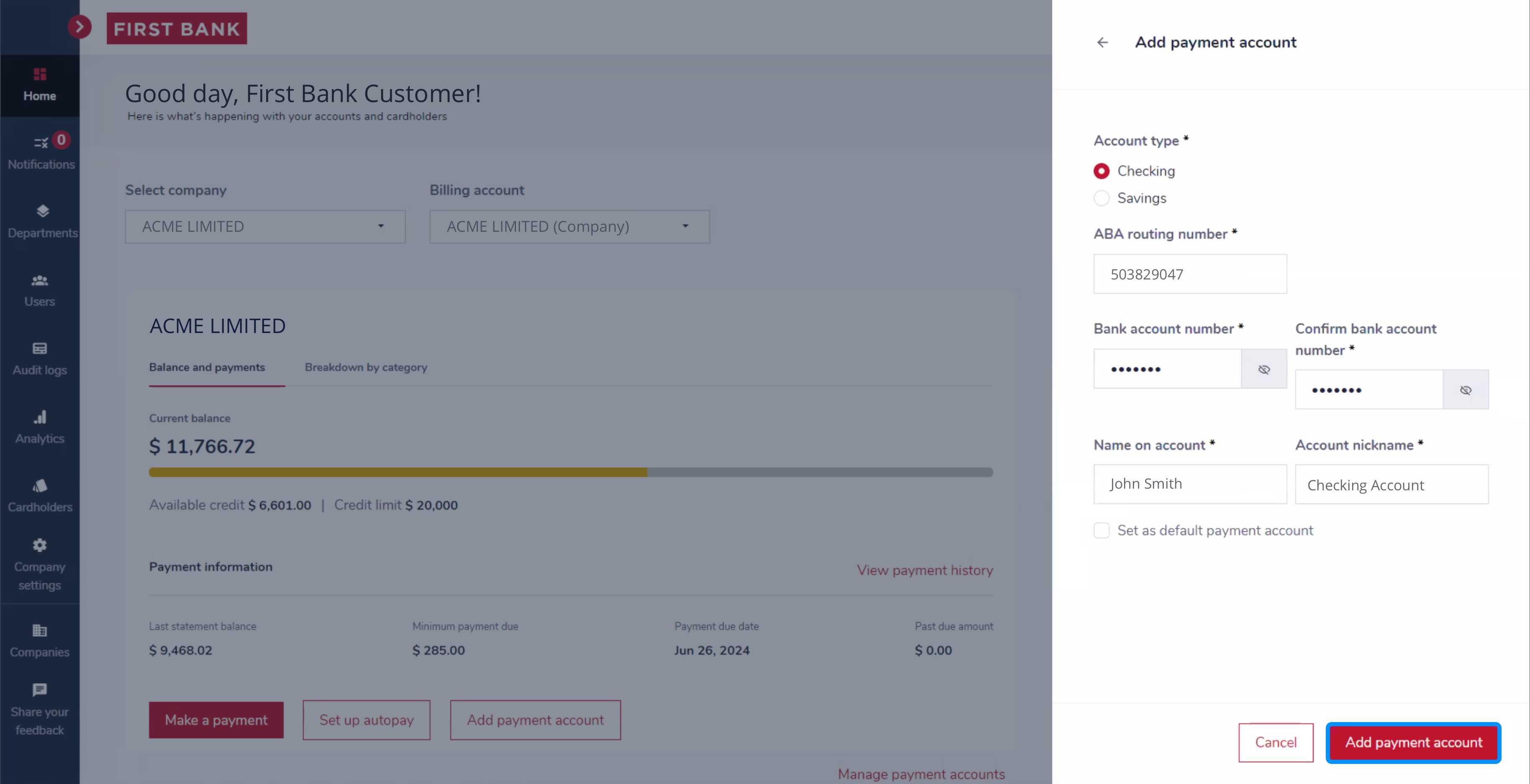 First Bank SpendTrack screen highlighting the final 