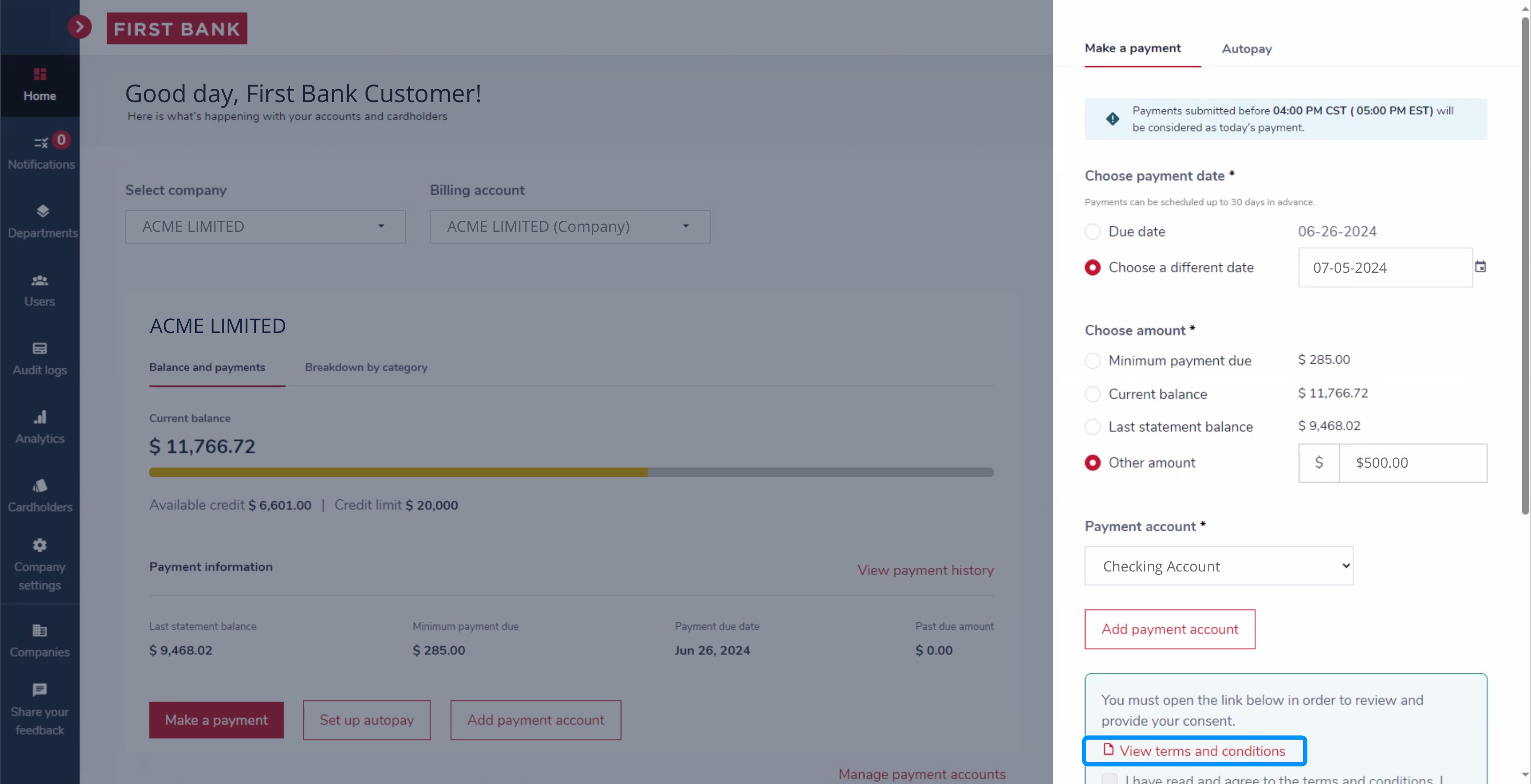 First Bank SpendTrack screen highlighting the 