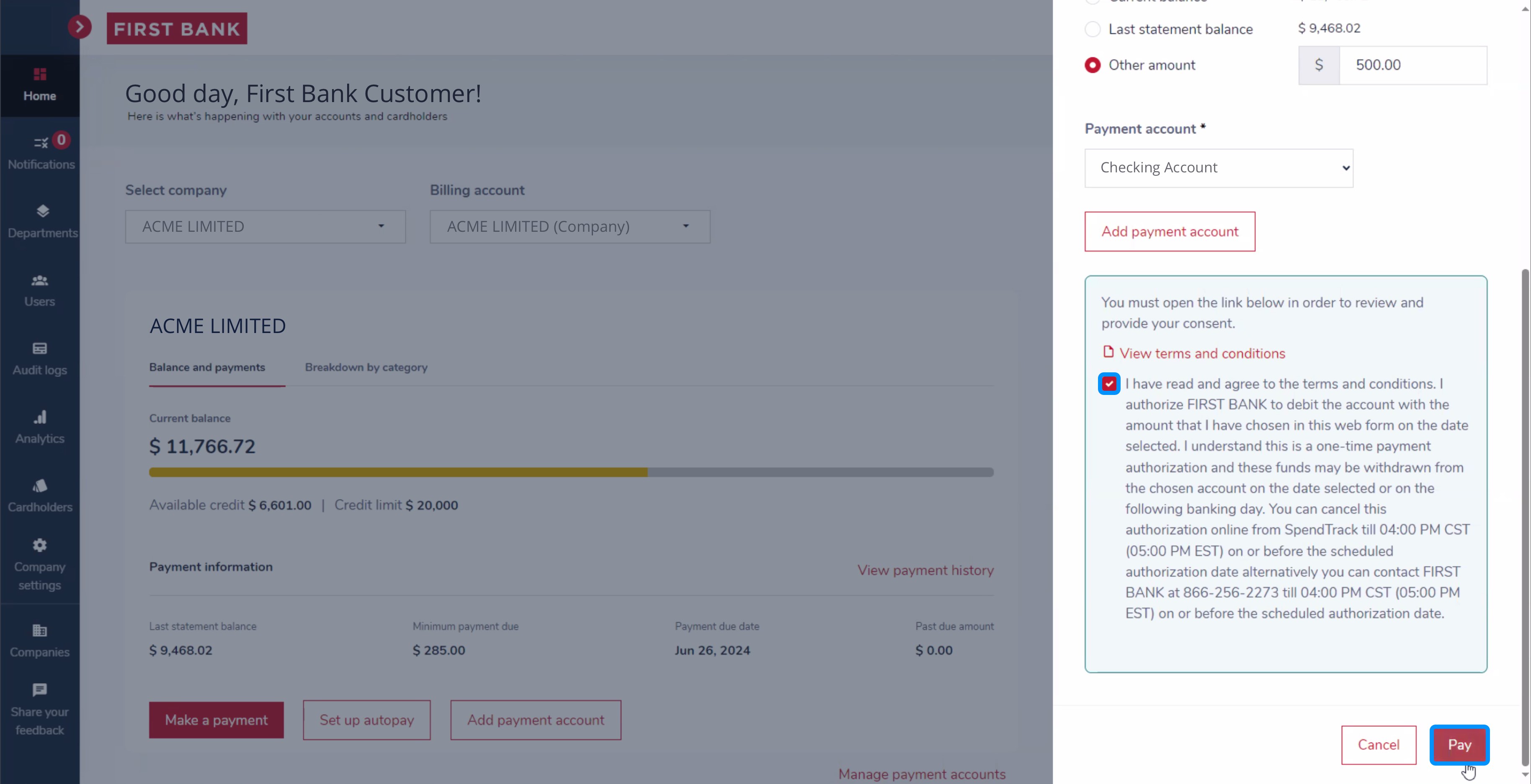 First Bank SpendTrack screen highlighting the terms agreement checkbox and the final 