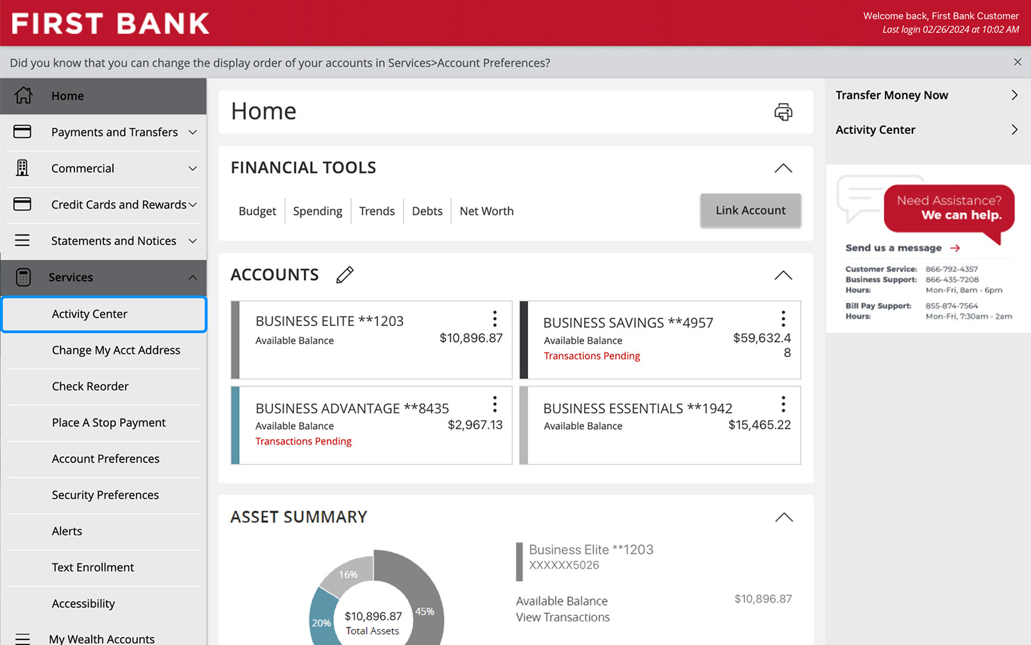 First Bank online banking screen highlighting the Activity Center menu item.