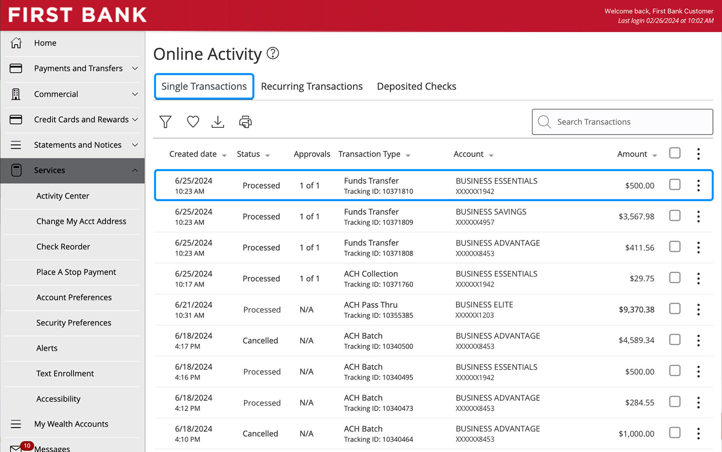 First Bank online banking screen highlighting the Single Transaction tab and the first transaction in the list.