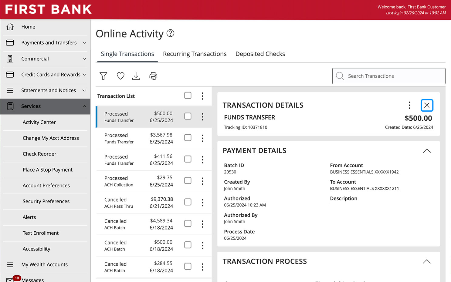 First Bank online banking screen showing transaction details and highlighting the X icon.