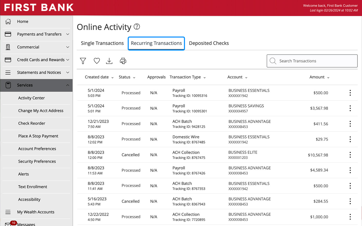 First Bank online banking screen highlighting the Recurring Transactions tabs.