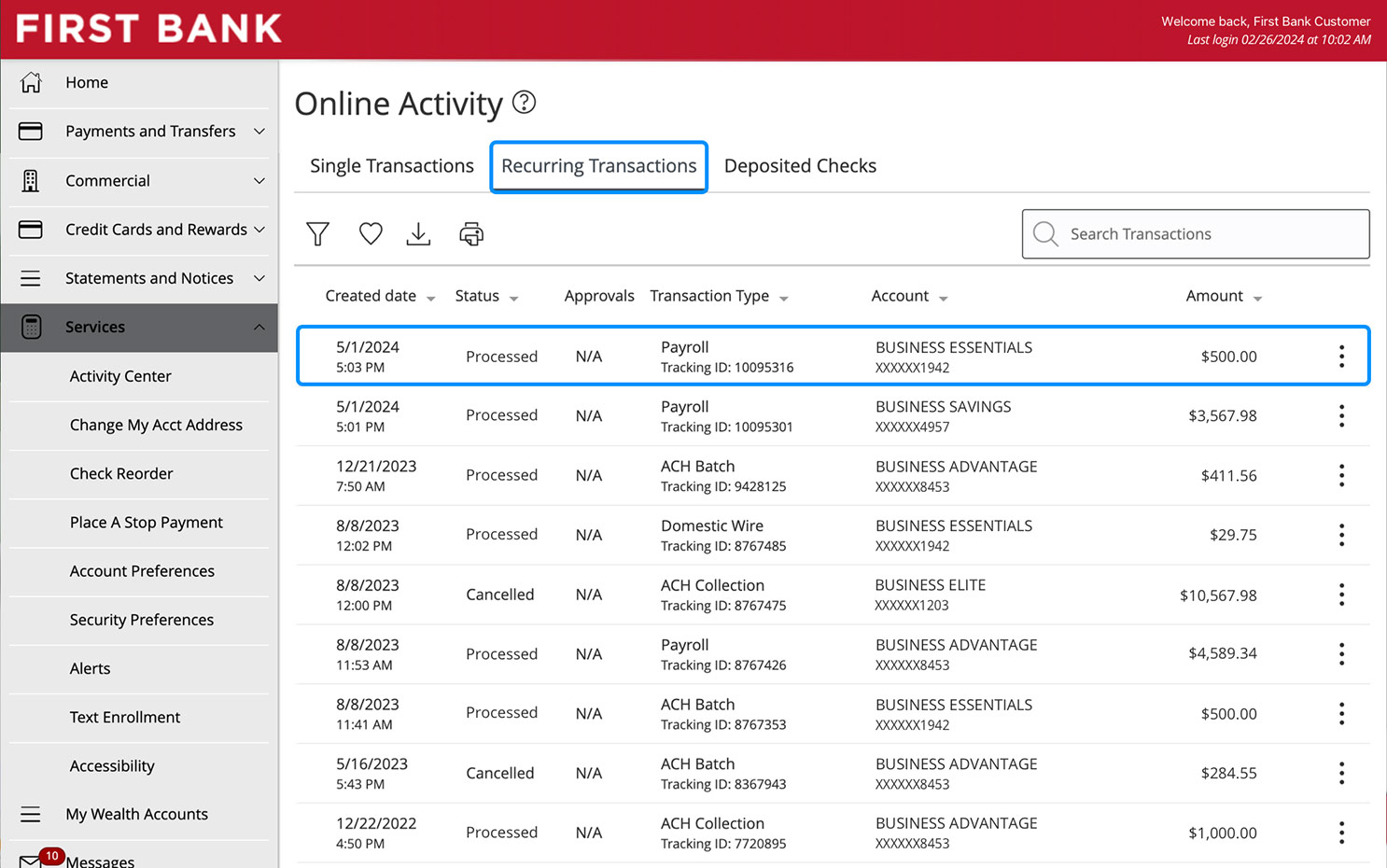 First Bank online banking screen highlighting the Recurring Transactions tabs and the first listing.