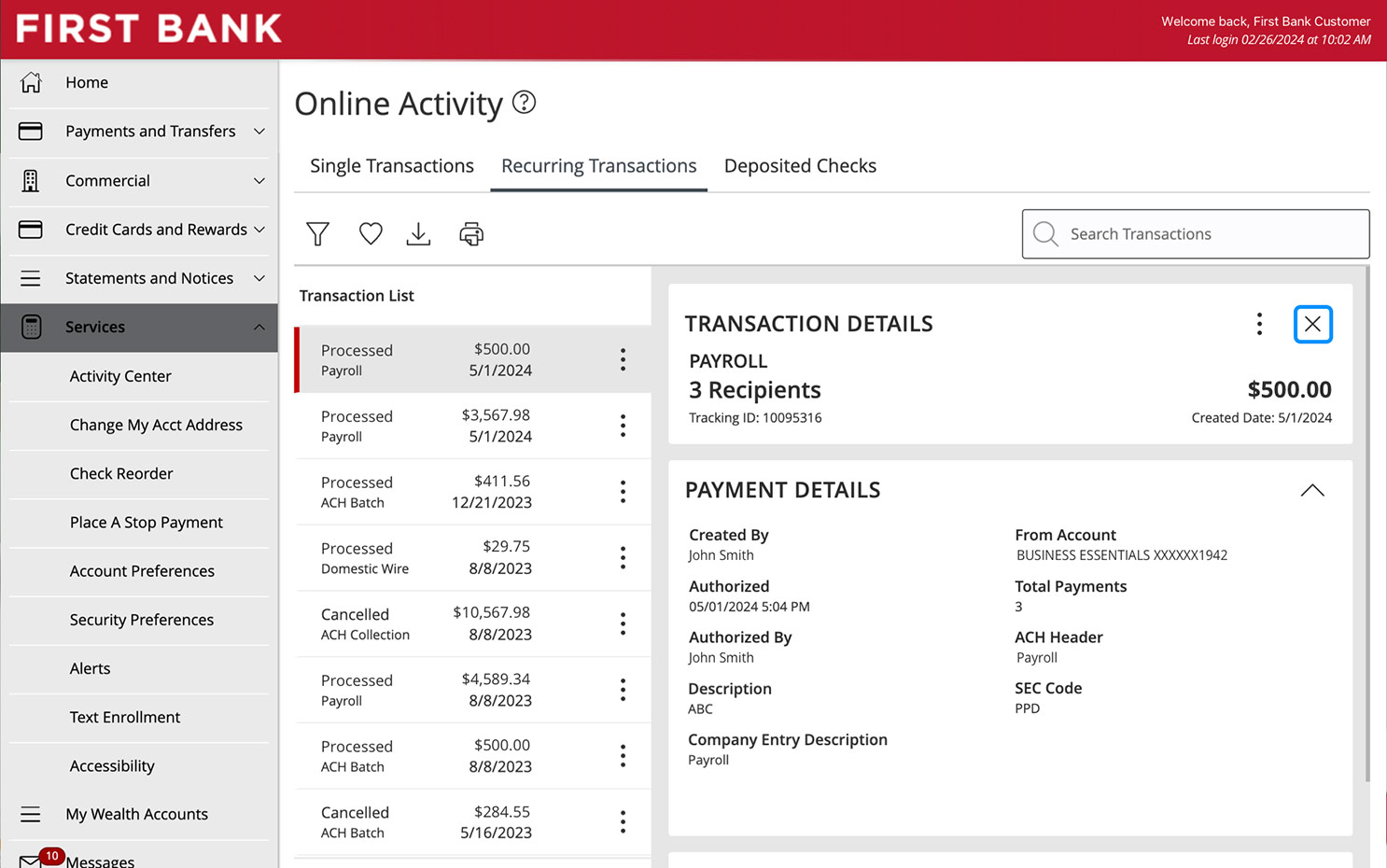 First Bank online banking screen highlighting the close button.