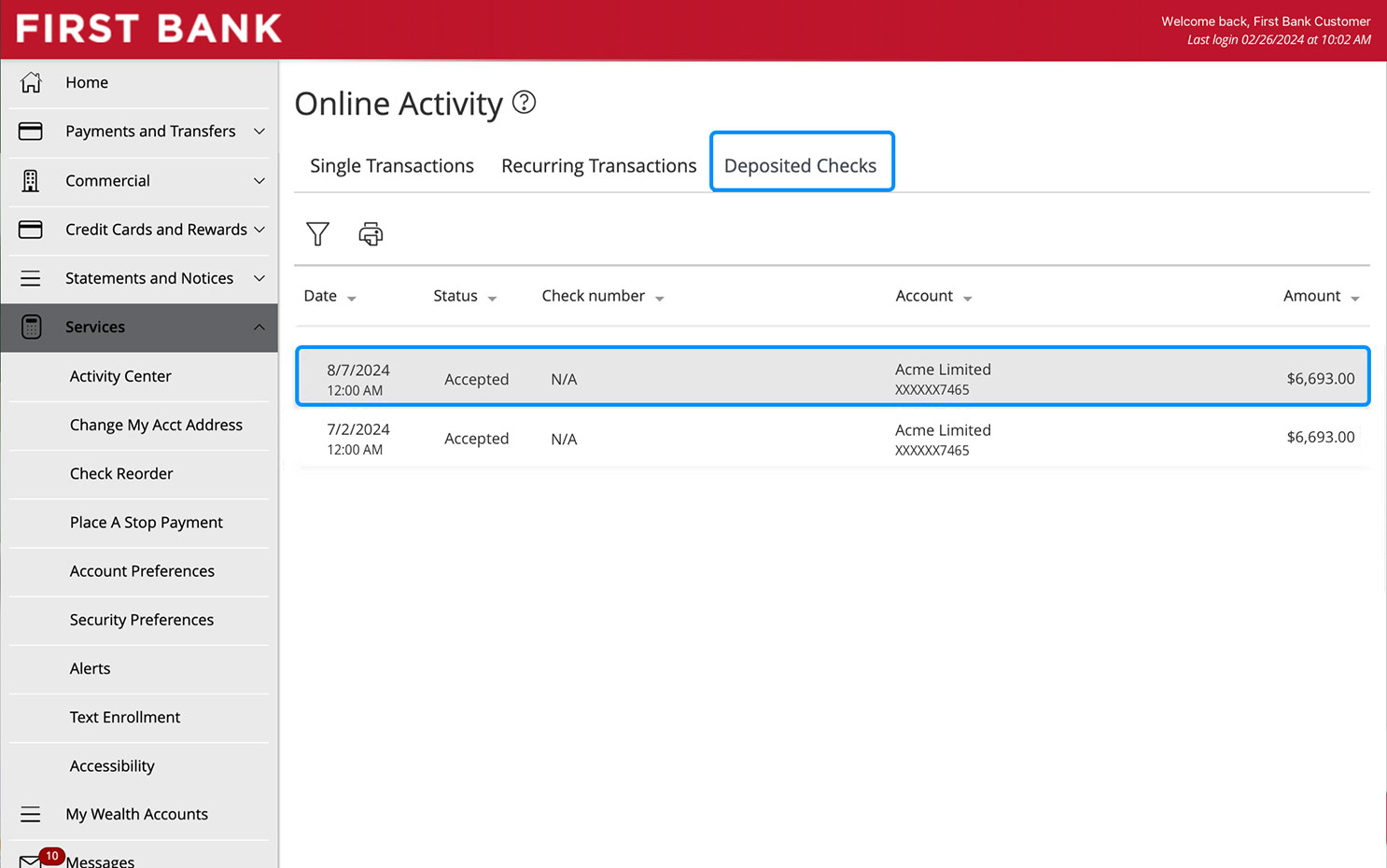 First Bank online banking screen highlighting the first check in the Deposited Checks tab.