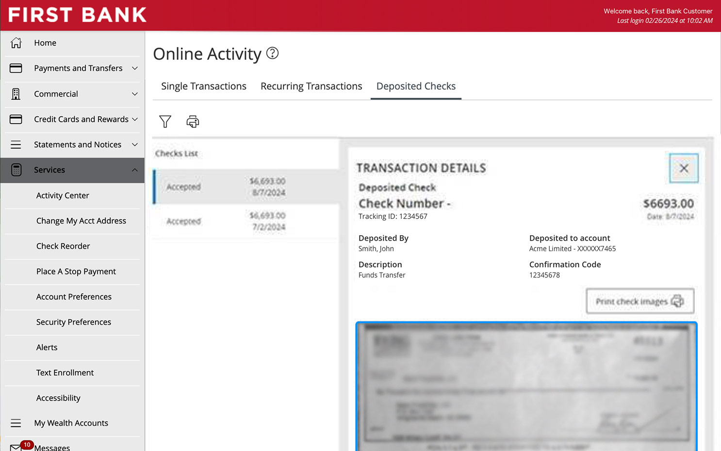 First Bank online banking screen showing the transaction details.