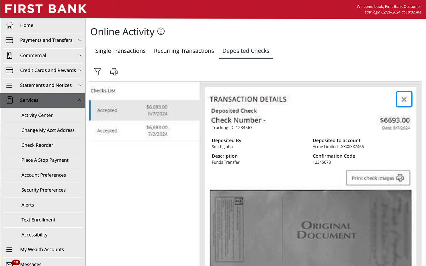 First Bank online banking screen showing the back of the check.